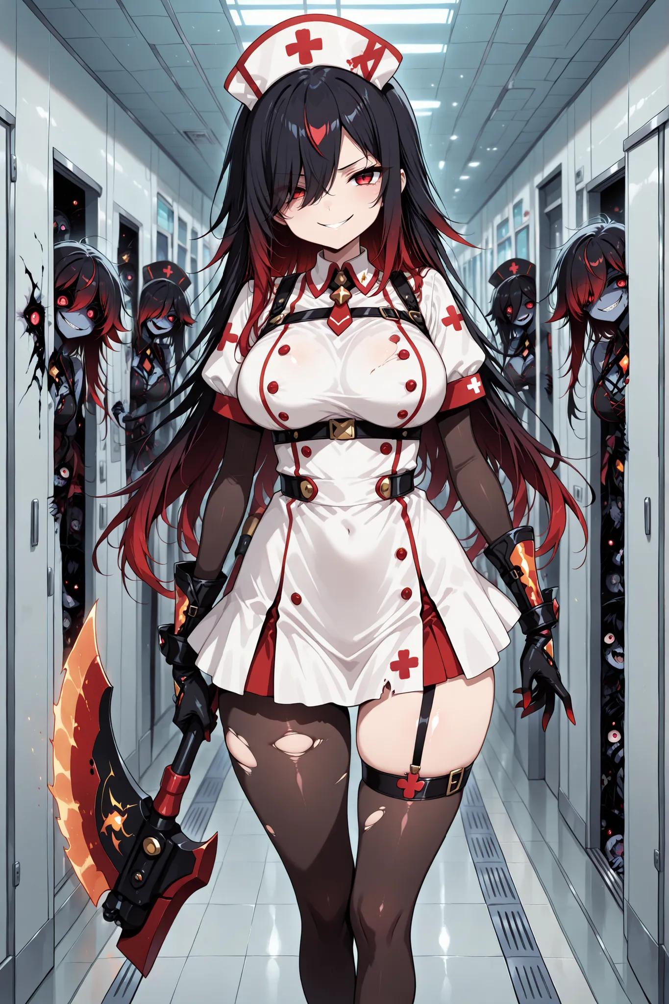 1 girl, Kuroki Monika, red eyes, gradient hair, black hair, red hair, long hair, asymmetrical hairline, hair over right eye, ((large breasts)), (petite but curvy), very cute, lovely , nurse outfit,, miniskirt, cleavages , torn stockings , sleeved gloves, f...