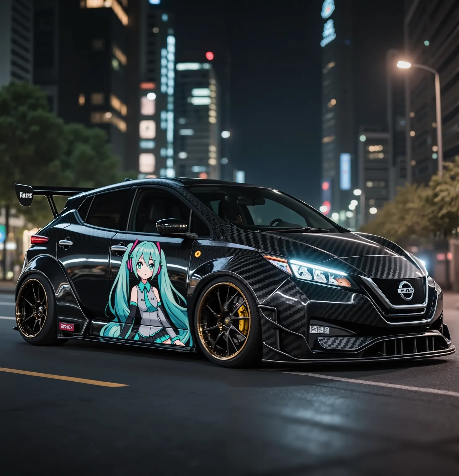 2025 Nissan Leaf Tune Up with Wide Body and Eccentric Wheels,2025 Nissan Leaf Tuning,Anime Woman on Body、Drawing Hatsune Miku,Black carbon pattern,masterpiece,Ultra fine expression,Night in the City、with an anime girl on her body、