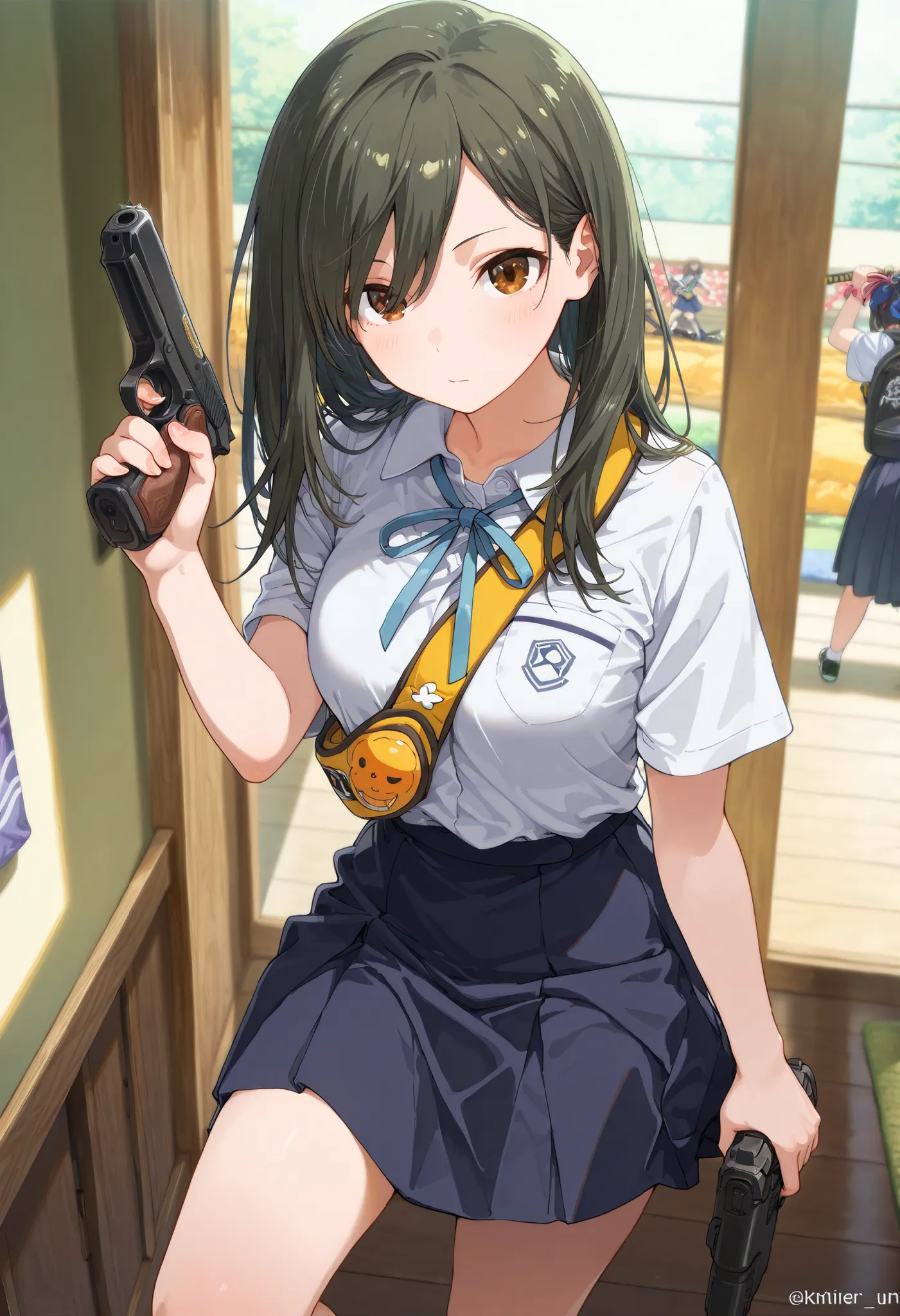 ((best quality)), ((masterpiece)), (detailed), perfect face, textured skin, ((super detail)), high quality, high details, Female gunman, samurai, holding a handgun, High school girl, summer uniform, short-sleeved shirt, light blue ribbon on chest, knee-len...