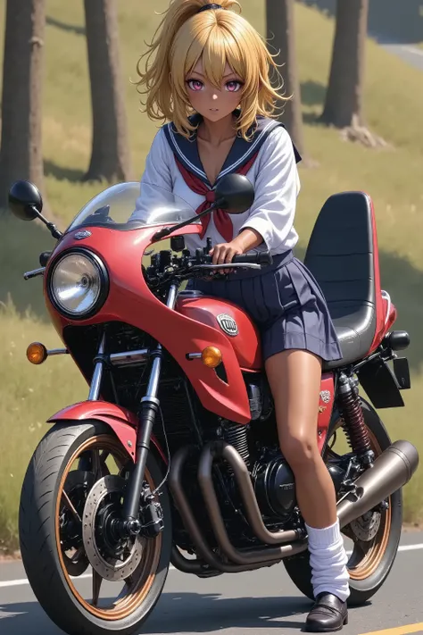 A single girl rides a motorcycle,textured brown skin,sailor suit,small breasts,High Heels, rocket cowl ,Highest Quality,(kogyaru)、realistic,Photorealistic,Professional,Brilliant Colors,Bokeh,high definition,超high definition,studio lighting,Extremely prec...