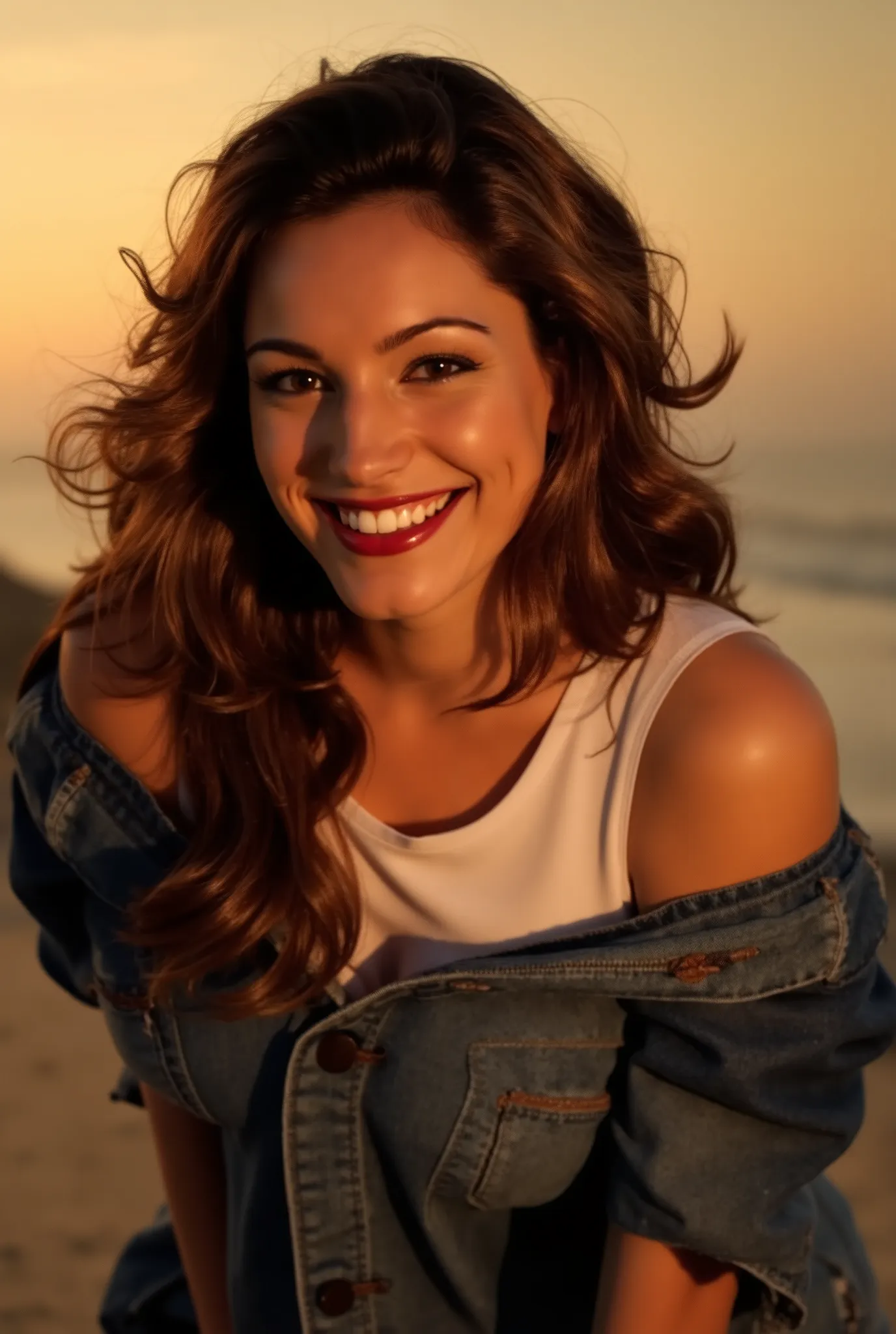 ((kelly brook, seios grandes)), A high-resolution Kodak style photo with subtle impressionist tones, showing a refined, elegant and a warm, atmosfera sensual. A woman bends forward, her face inches from the camera, } as she smiles directly into the lens wi...