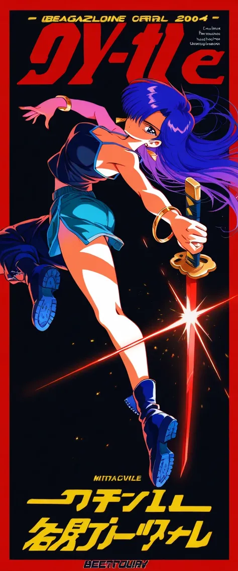 (beautiful girl : 1.3),1 girl,(camisole,bracelets,earrings,boots),long hair,Hair Over One Eye,no expression,limited palette,black background,colorful,lively,Shining Contours,neon,black light,Martial arts poses,with Japanese swords,Glowing particles,active,dynamic angle,(90s anime style,Cel animation,retro color grading,Soft noise,light film grain),(movie poster,magazine cover,big title ,big logo ),masterpiece,Highest Quality,Rich Contrast,high image quality,8k,High Definition CG Unit Wallpaper,texture,unbelievably absurd, RAW photos ,deep border 1 .2,very detailed