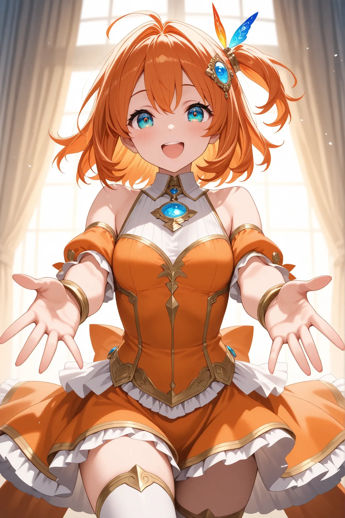 ultra-detailed,8K,illustration,CG,1 cute girl, orange hair,
side tail,acqua eyes,happy smile,happy