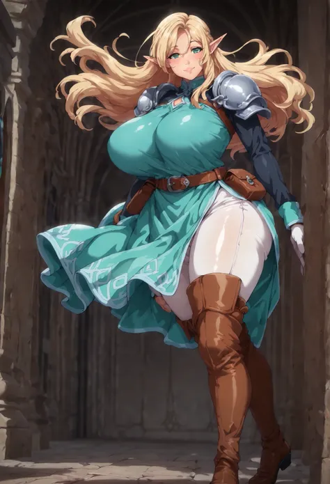 (((masterpiece))), ((best quality)), ((highres, absurdres)), (detailed),(( anime coloring , shiny skin)), 1girl, solo, full body focus, mature elf, milf, ethereal beauty, huge breasts, voluptuous figure, slim waist, round and thick butt, hourglass shape, j...