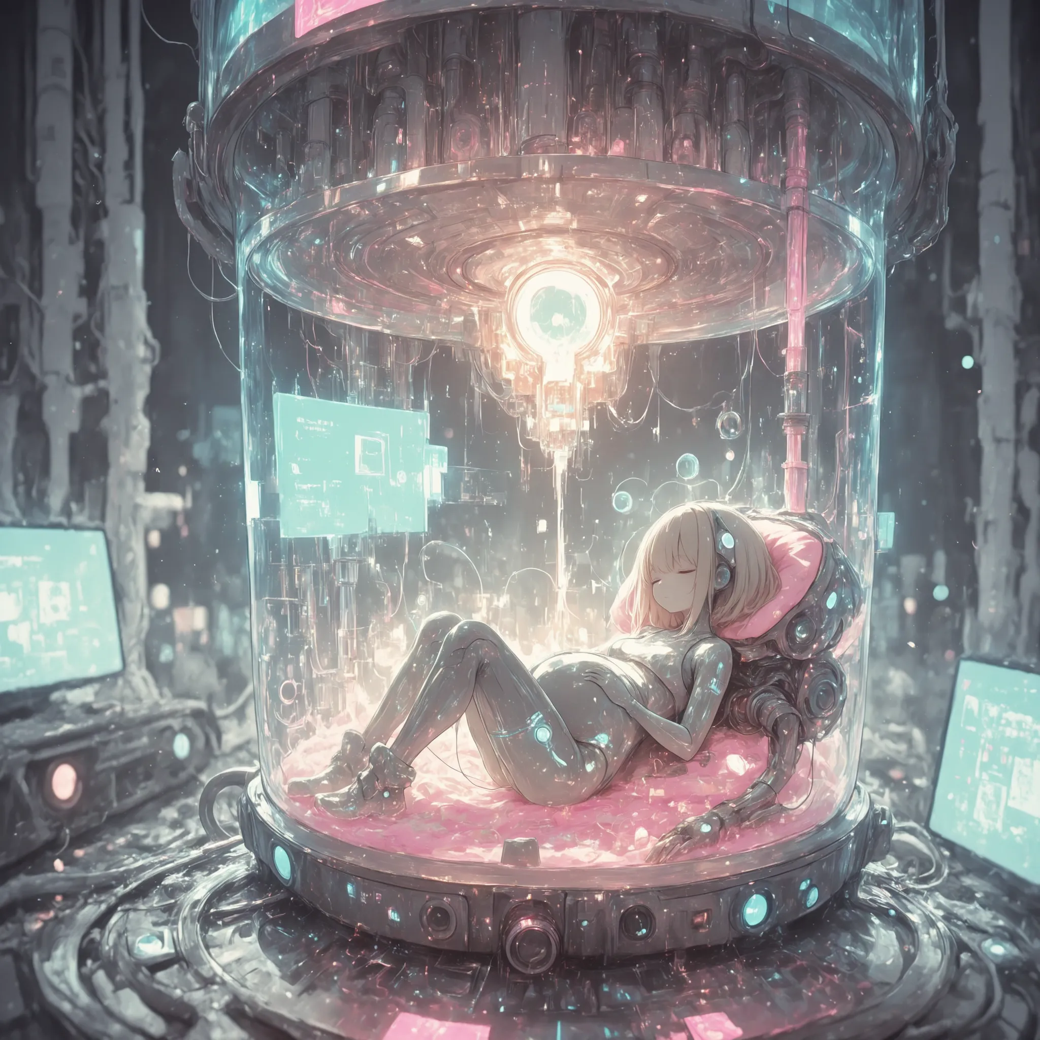 cyber room, glass culture tank in center, girl humanoid floating in tank , sleep, birth of new age life,neon glow, high quality, masterpiece , technology ,futuristic mechanical objects,the fluid motion, high-tech machinery,futuristic atmosphere,thick outli...
