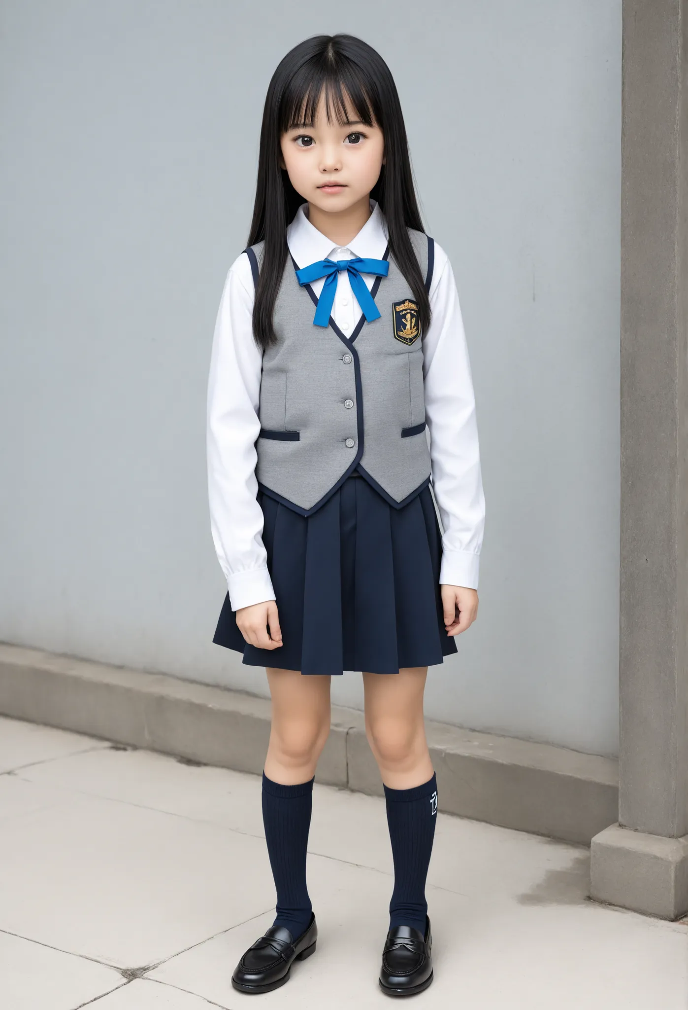 High Quality, masterpiece, A girl with a beautiful face,
break girl,black hair, (straight hair:1.4),(petite bangs:1)
break (flat chest),(elementary school student:1),Japanese, (around 12:1.4)
break (1girl:1.4),white shirt,gray vest,blue ribbon,dark blue sh...