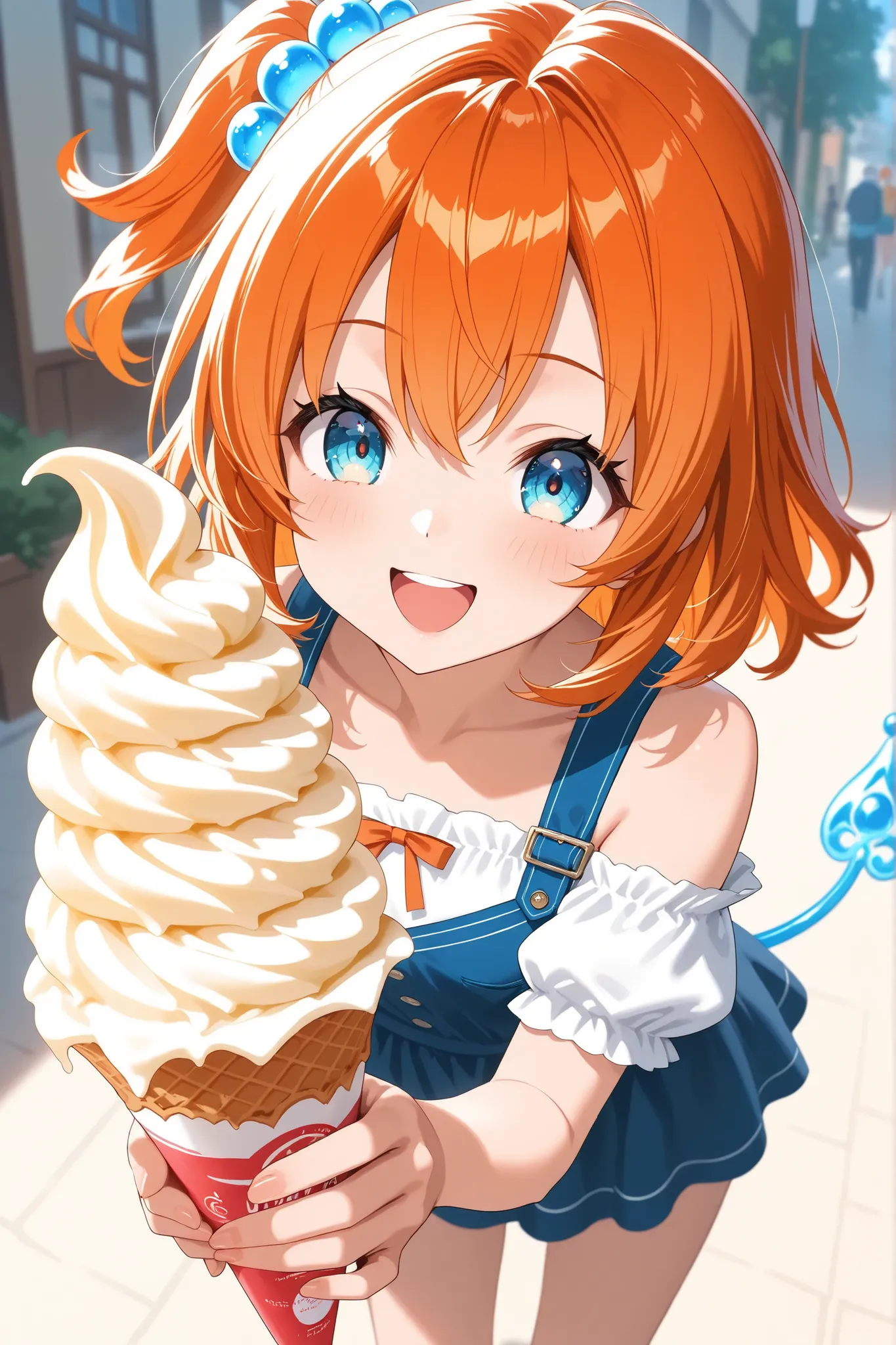 ultra-detailed,8K,illustration,CG,1 cute girl, orange hair,
side tail,acqua eyes,happy smile,happy,,soft serve ice cream
