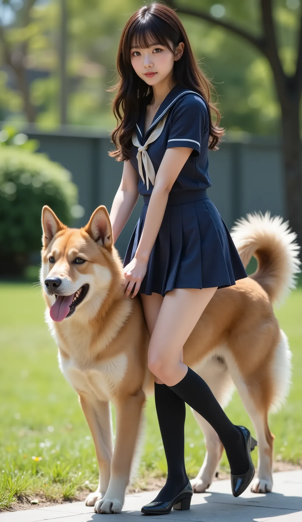 (Draw the whole body:1.ung Japanese woman hugged by Sachi、(Small park)、lawn、Walking with a smiling dog、((woman and big dog walking side by side:1.45))、((Women wear navy blue sailor suits、dark blue pleated mini skirt、white skin、beautiful dark hair、super lon...
