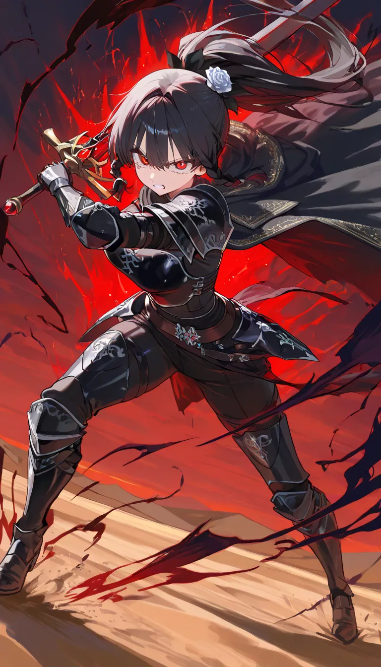 (beautiful girl : 1.3),1 girl,(Black Armor,black embroidered cloak with estock,White rose hair accessory,thigh,boots),black hair,ponytail,braids,anger, abusive,Raise your sword to the sky, desert,runs,Red and black aura from a sword,active,dynamic angle,masterpiece,Highest Quality,Rich Contrast,high image quality,8k,High Definition CG Unit Wallpaper,texture,unbelievably absurd, RAW photos ,deep border 1 .2,very detailed