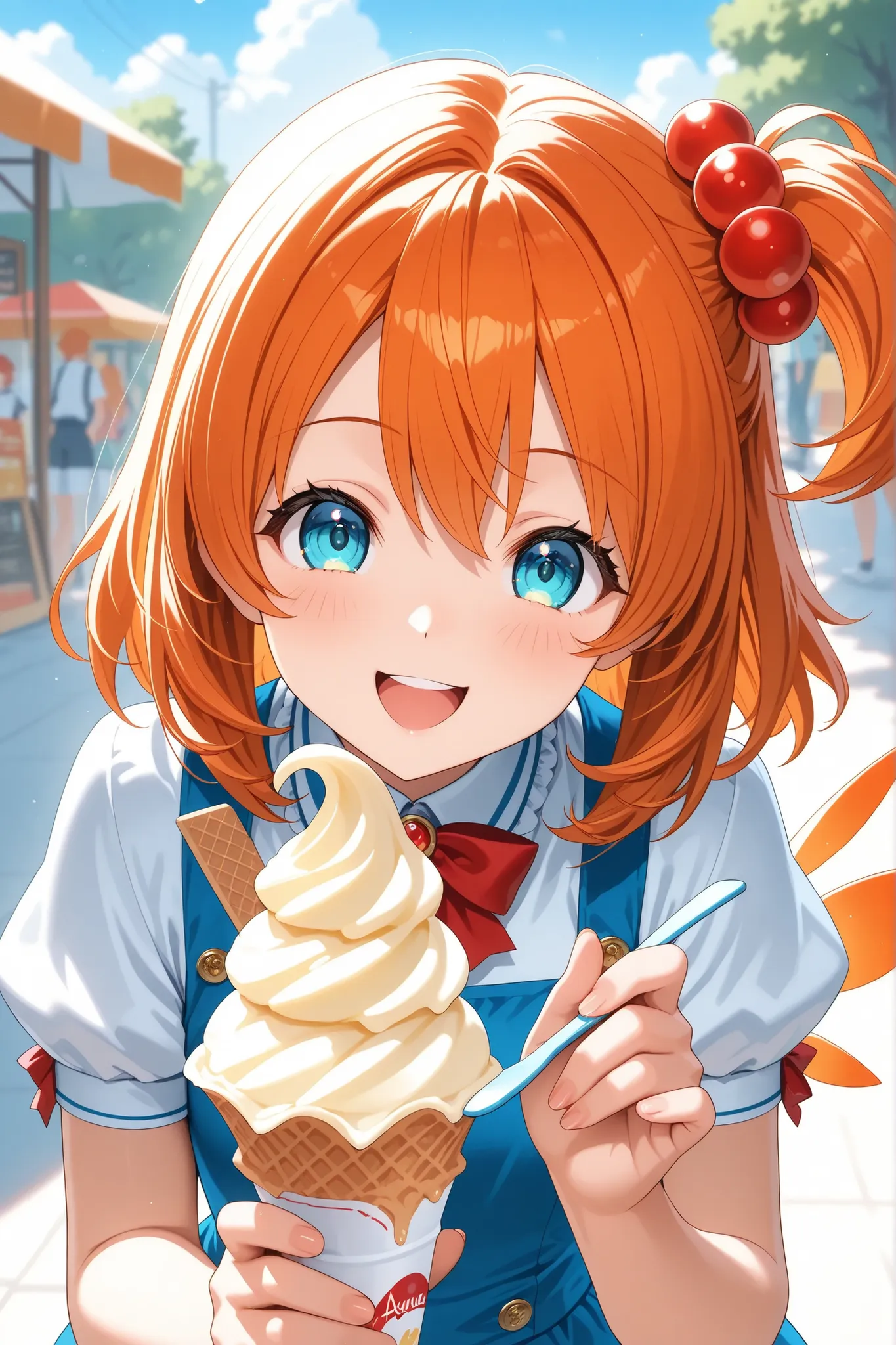 ultra-detailed,8K,illustration,CG,1 cute girl, orange hair,
side tail,acqua eyes,happy smile,hart,soft serve ice cream,