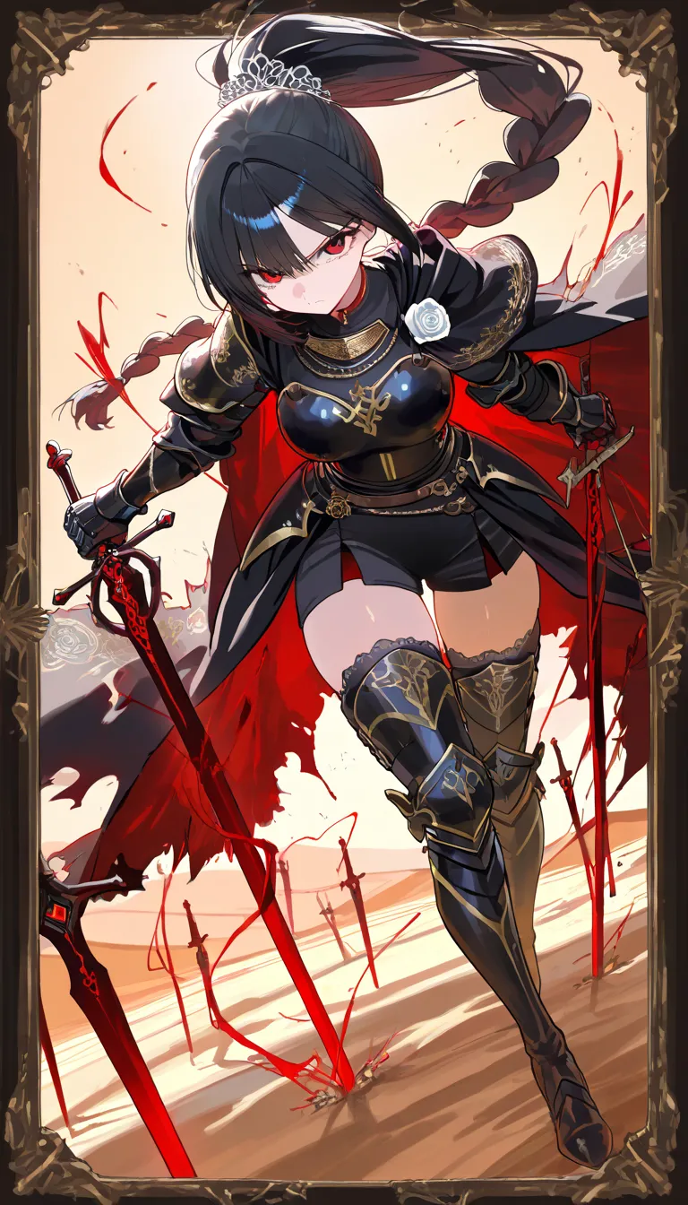 (beautiful girl : 1.3),1 girl,(Black Armor,black embroidered cloak with estock,White rose hair accessory,thigh,boots),black hair,ponytail,braids,anger, abusive,Raise your sword to the sky,Many swords stuck in the ground, desert,runs,Red and black aura from a sword,active,dynamic angle,masterpiece,Highest Quality,Rich Contrast,high image quality,8k,High Definition CG Unit Wallpaper,texture,unbelievably absurd, RAW photos ,deep border 1 .2,very detailed