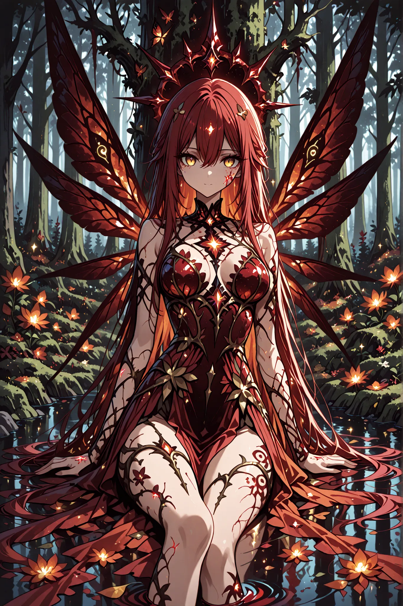 1 girl , golden eyes , very long hair , long sidelocks, red hair ,half updo, petite , very cute , beautiful ,Straight hair, cool, handsome, hair between eyes, sexy, medium breasts , fairy queen , hair spills around her like blood in water, wilted blooms of...