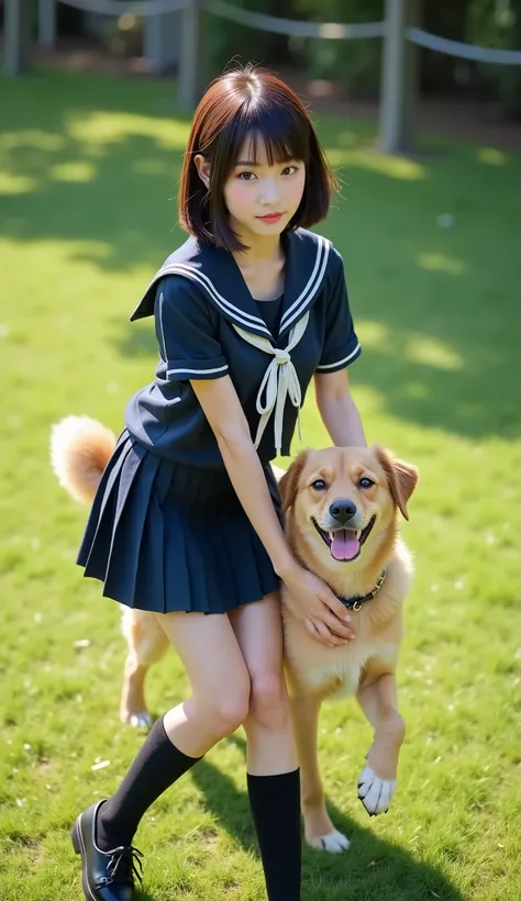 (Draw the whole body:1.ung Japanese woman hugged by Sachi、(Small park)、lawn、Walking with a smiling dog、((A woman and a big dog are running side by side:1.45))、((Women wear navy blue sailor suits、dark blue pleated mini skirt、white skin、beautiful dark hair、b...