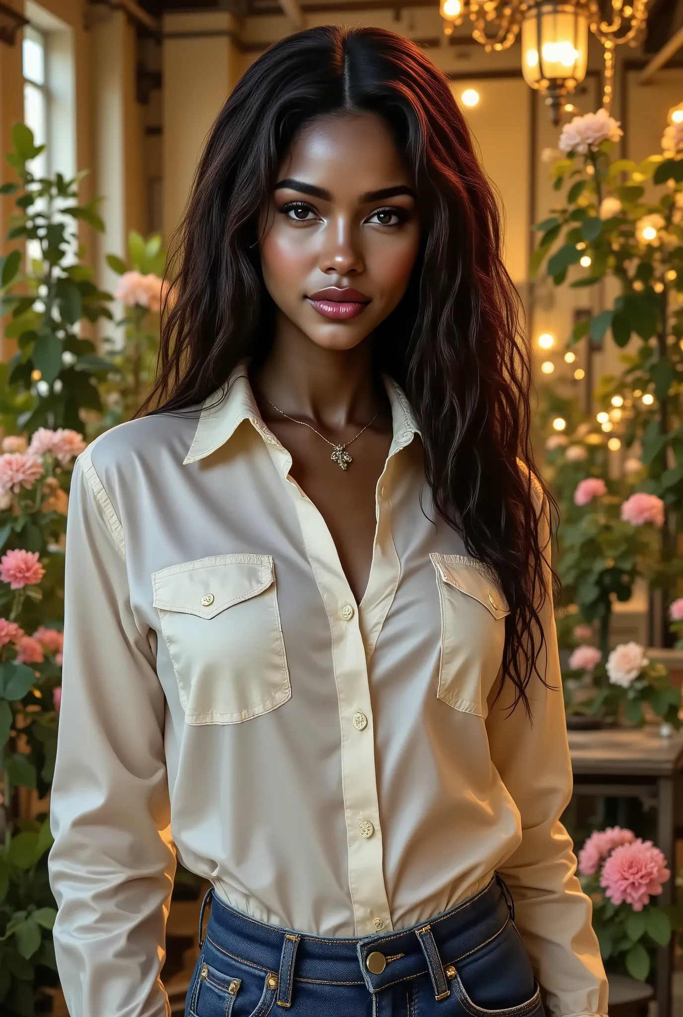 Foto hiperrealista en primer plano de bi-racial woman, masterpiece, best quality, (photorealistic:1.4), (luxury long button up lace shirt :1.15), (blue jeans:1.2), cinematic light, wavy hair, in a old abandoned factory, amber twinkle lights in background, ...