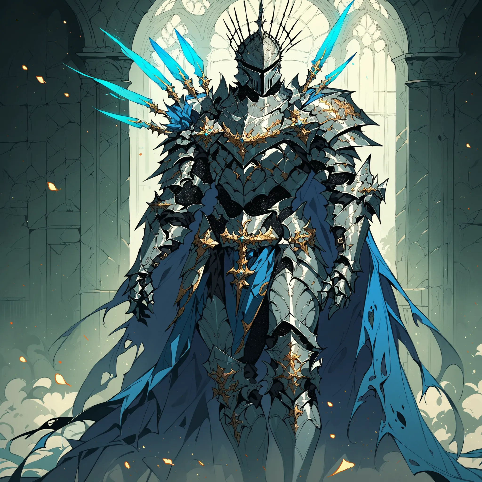 score_9, score_8_up, score_7_up, score_6_up, score_5_up, score_4_up, arm0rs3nt1n3l, full body shot, solo, 1boy, silver gothic armour, blue cape, torn cape, silver knight armour, gothic helmet, blue glow, glow particles, medieval fantasy, dark fantasy, torn...