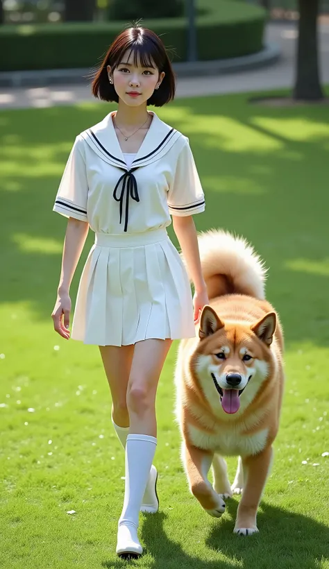 (Draw the whole body:1.4)、petite young Japanese women、(Small park)、lawn、Walking with a smiling dog、((A petite woman and a big dog are running side by side:1.45))、((A petite woman is in a white sailor suit、white pleated mini skirt、white skin、beautiful dark ...
