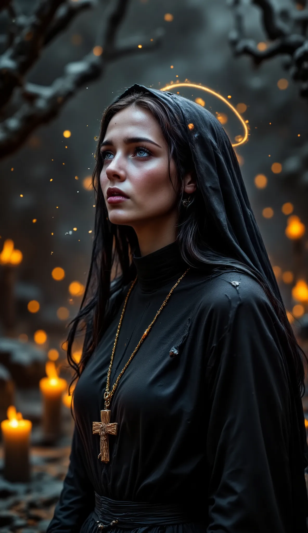 Epic realistic portrait, Black and white photography, 25 years old scantily clad sexy sad nun looking up on right side into heaven with jesus on the wooden cross necklace on the chest, warmth of breath exhalation from nose and little open mouth, goose pimp...