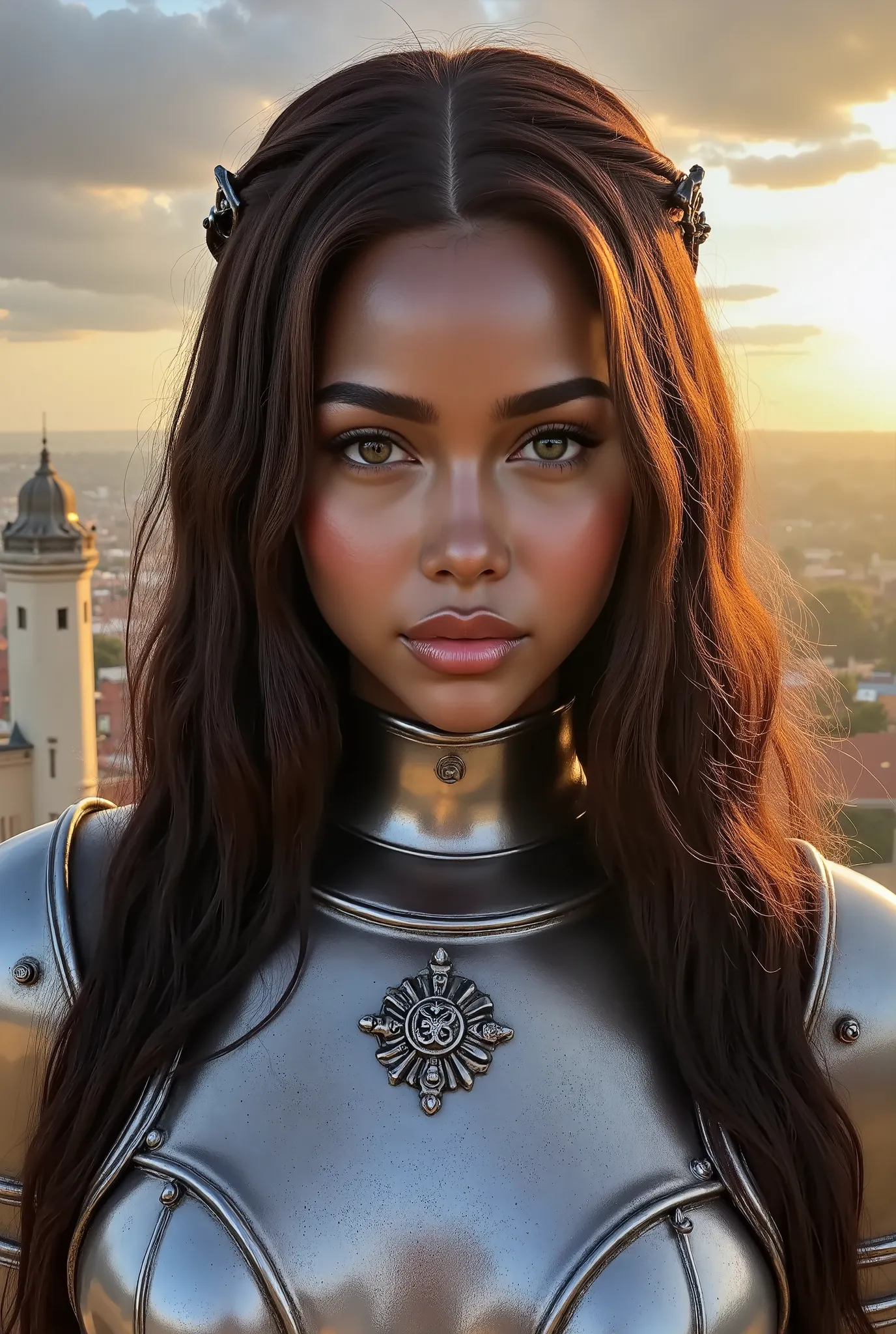 hailstnewv3, (masterpiece), (extremely intricate:1.3), (realistic), portrait of a girl, the most beautiful in the world, (medieval armor), metal reflections, upper body, outdoors, intense sunlight, far away castle, professional photograph of a stunning wom...