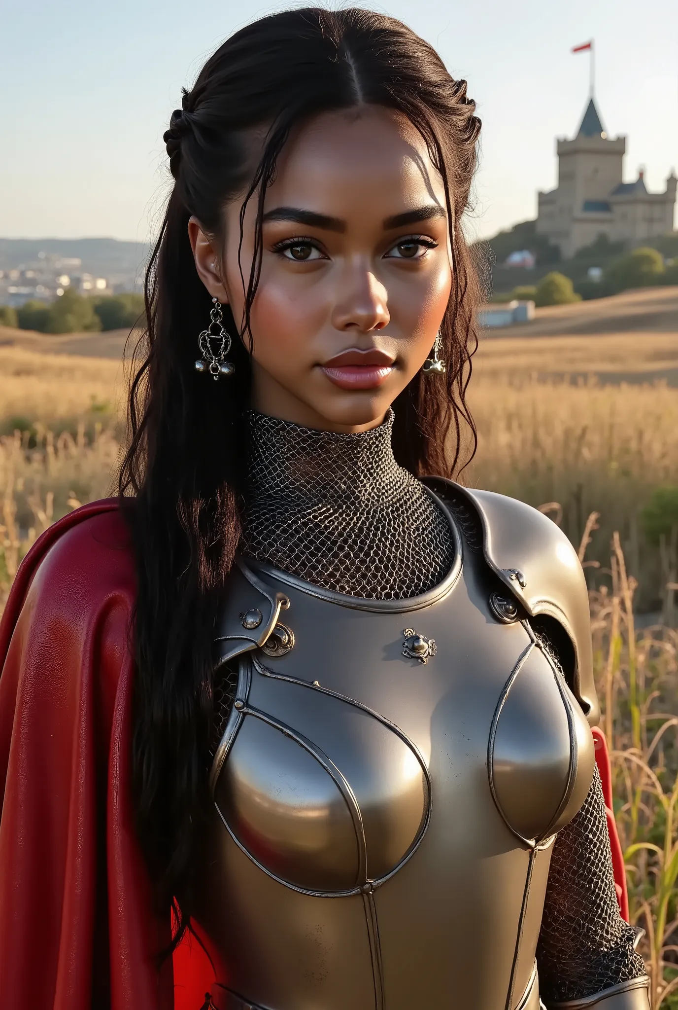 hailstnewv3, (masterpiece), (extremely intricate:1.3), (realistic), portrait of a girl, the most beautiful in the world, (medieval armor), metal reflections, upper body, outdoors, intense sunlight, far away castle, professional photograph of a stunning wom...