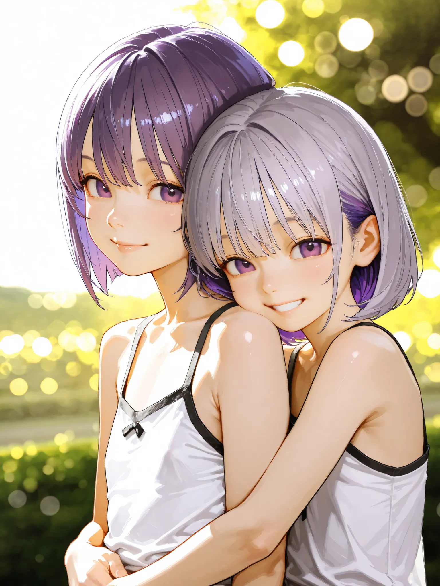 short girl, Sisters Girls,is young, flat chested,realisticな外観, big purple eyes, short bob、Two-tone purple hair and gray hair、 solid color camisole、 has a bright smile、hug each other、Outdoors、細部にこだわったrealisticな影、movie stills, real、Highest Quality, realistic...