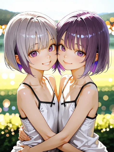 short girl, Sisters Girls,is young, flat chested,realisticな外観, big purple eyes, short bob、Two-tone purple hair and gray hair、 solid color camisole、 has a bright smile、hug each other、Outdoors、細部にこだわったrealisticな影、movie stills, real、Highest Quality, realistic...