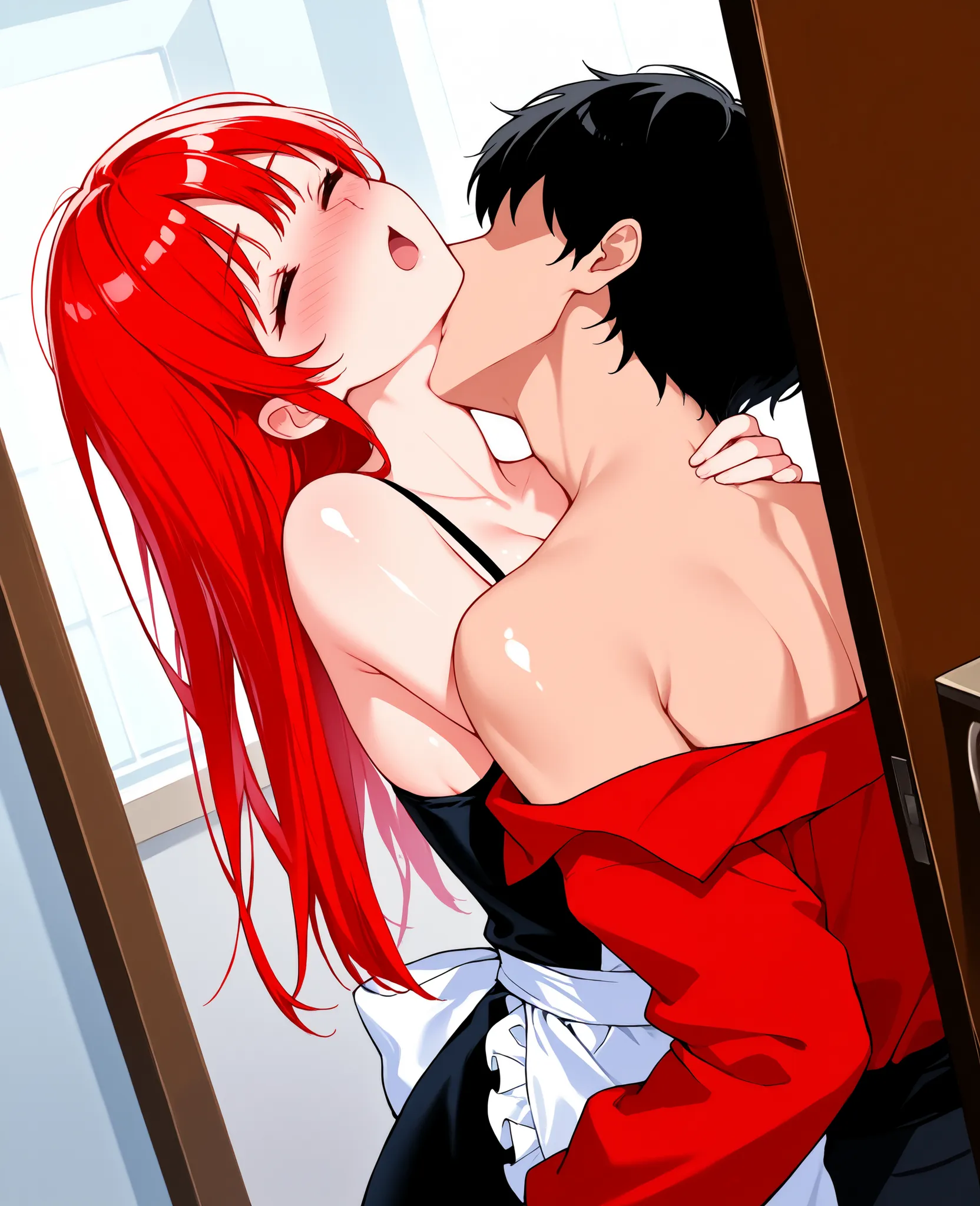 score_9, score_8_up, score_7_up, 1woman, solo, hair, closed eyes, white milky porcelain skin, white-skinned female, straight red shoulder length hair, lovely medium breasts, perfect body, black short dress, white apron, female organism, open mouth,  lookin...
