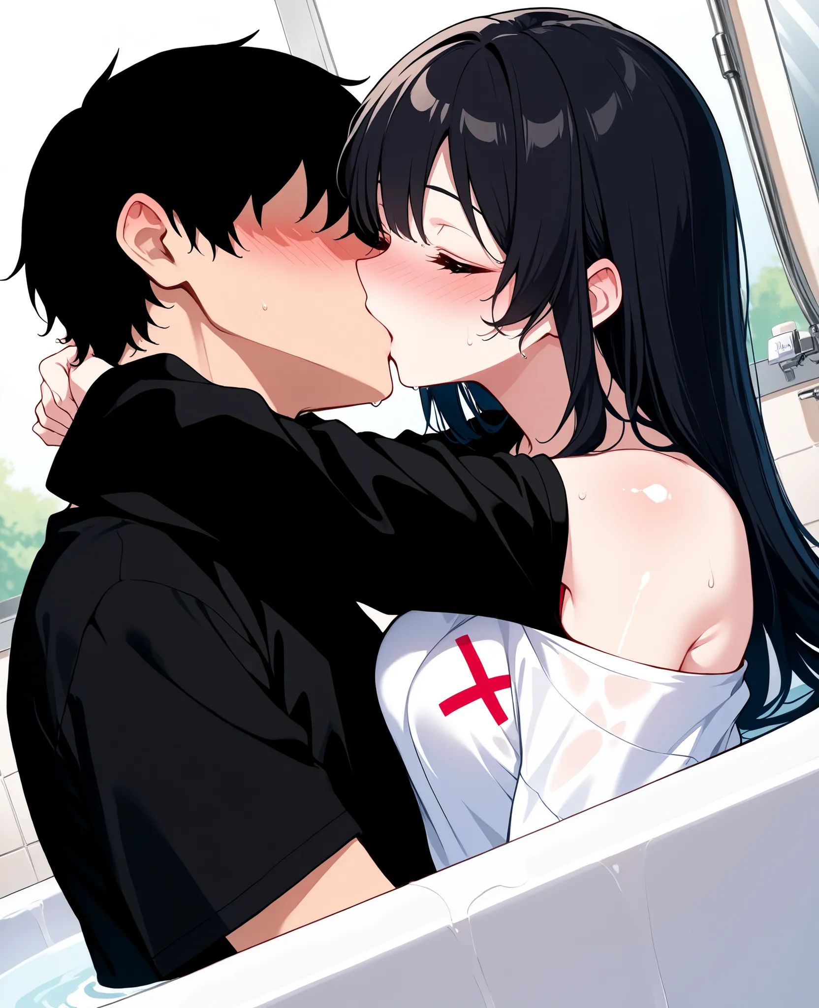 score_9, score_8_up, score_7_up, 1woman, solo, hair, closed eyes, white milky porcelain skin, white-skinned female, black shoulder length hair with red accents, lovely medium breasts, perfect body, black oversized off shoulder t shirt, exposed shoulder, fe...