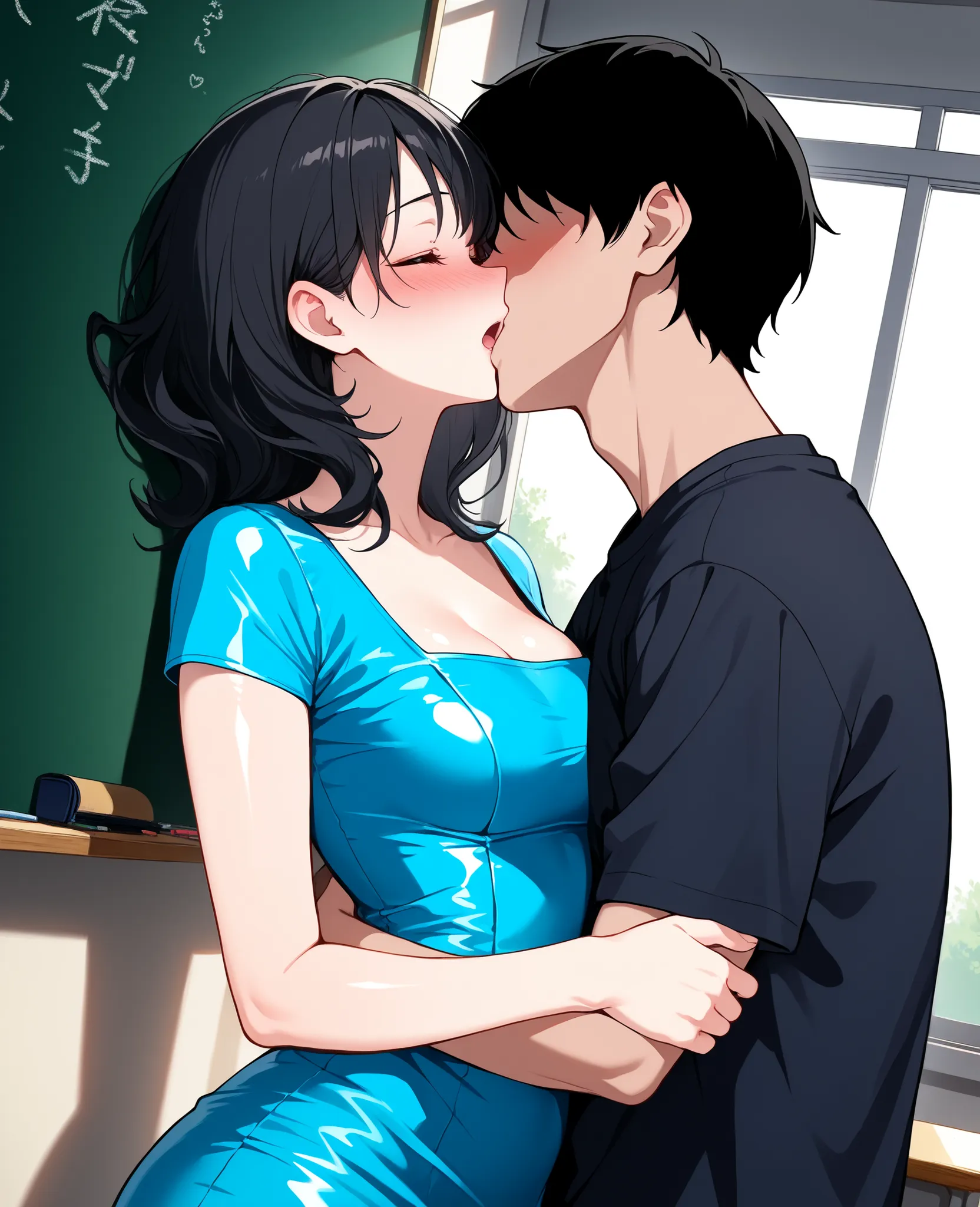 score_9, score_8_up, score_7_up, 1woman, solo, hair, closed eyes, white milky porcelain skin, white-skinned female, shoulder length wavy black hair, lovely medium breasts, perfect body, black thigh length bodycon dress, square neckline, short sleeves, fema...