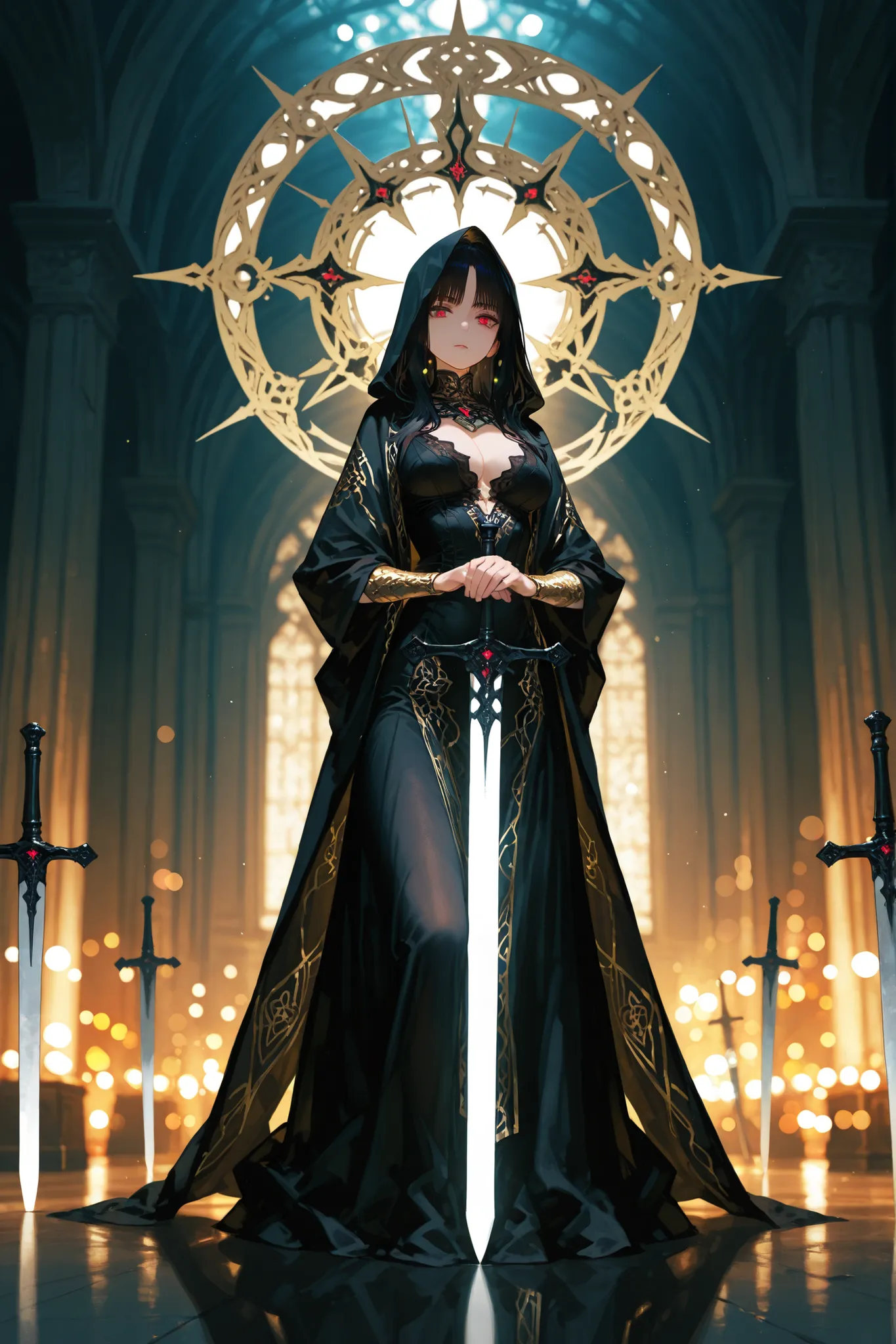 Noble goddess of judgment,exquisite detailed portraits of people,long, supple black hair( with bangs),black hood,looks somber and calm(Delicate red eyes),is wearing a gorgeous damaged black dress,has a large aperture on the back,Standing on its side with t...
