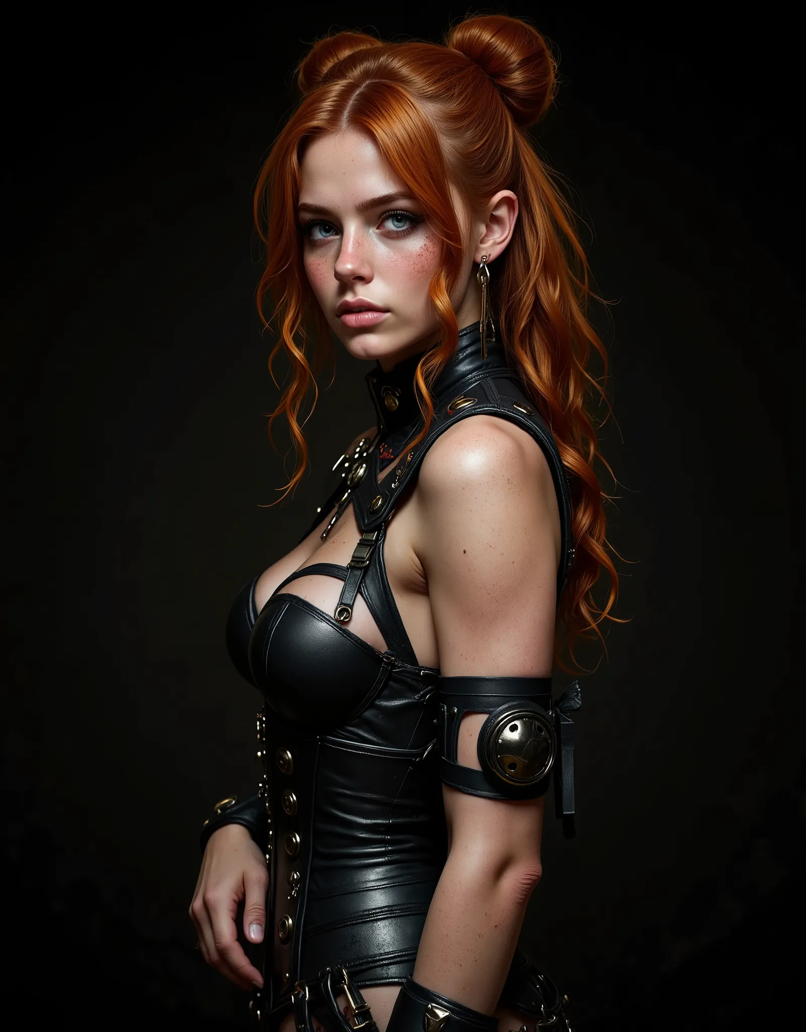 Side shot of the bust from head to chest of a 20 year old woman, high quality, 4k, she is an apocalyptic warrior, torso image, side frontal, very pretty, freckled, orange-redhead with abundant hair and a bun on each side of her head, bows with long black r...