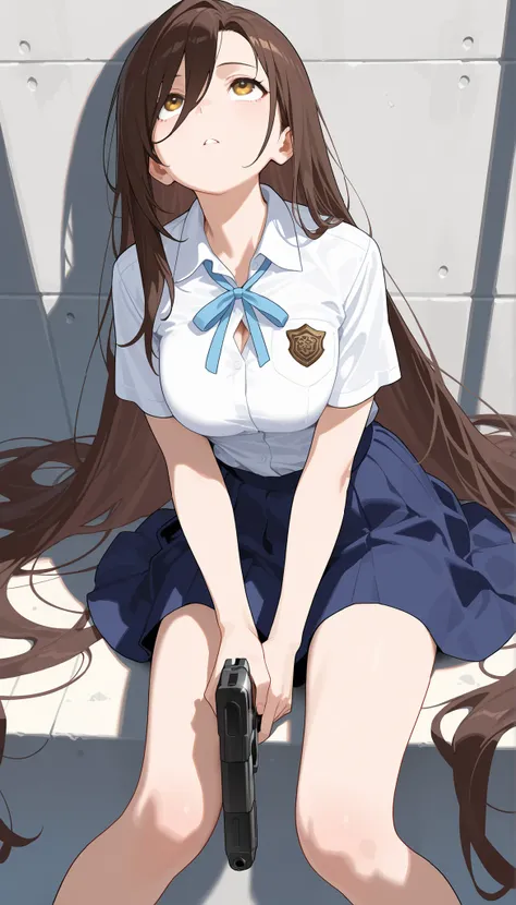 ((best quality)), ((masterpiece)), (detailed), perfect face, textured skin, ((super detail)), high quality, high details, Female gunman, samurai, holding a handgun, High school girl, summer uniform, short-sleeved shirt, light blue ribbon on chest, knee-len...