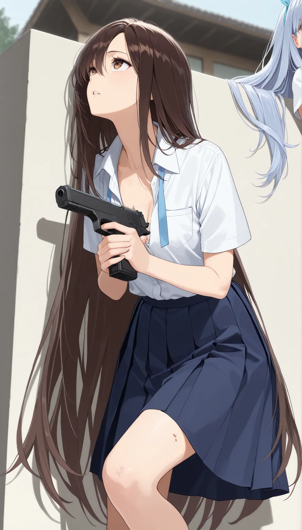 ((best quality)), ((masterpiece)), (detailed), perfect face, textured skin, ((super detail)), high quality, high details, Female gunman, samurai, holding a handgun, High school girl, summer uniform, short-sleeved shirt, light blue ribbon on chest, knee-len...