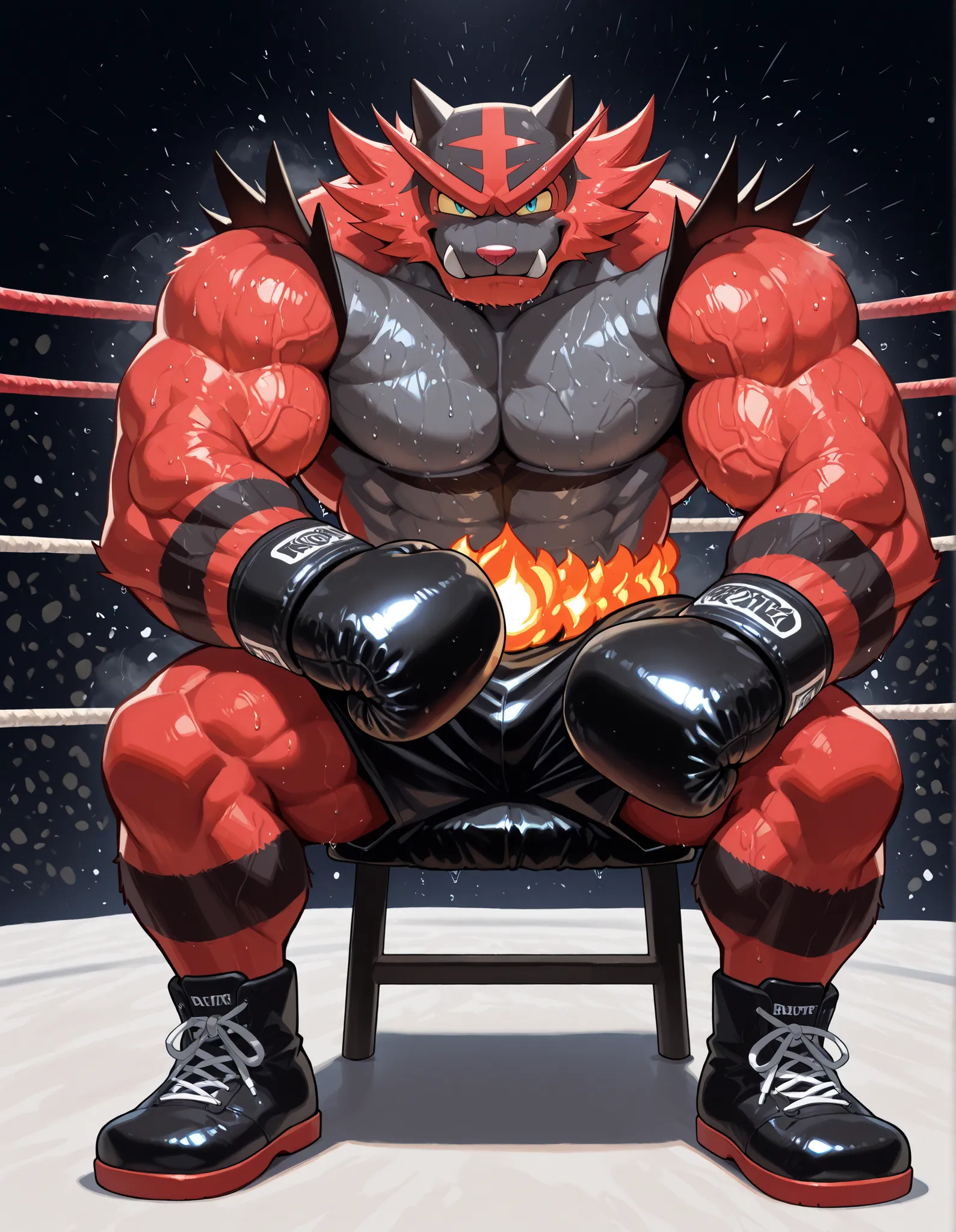 Incineroar, anthro male, high quality, full body, looking at viewer, solo, boxing ring background, black boxing gloves, thick very veiny arms, very muscular, black boxing shorts, black boxing shoes, heavyweight boxing champion, glistening fur, sweaty, brut...