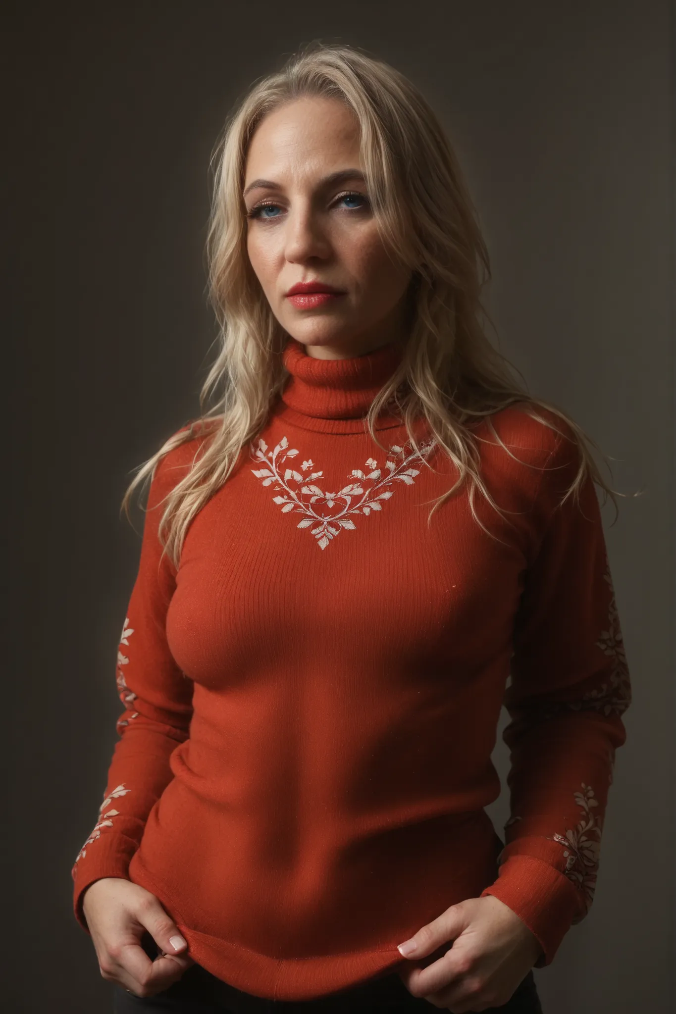1girl, solo, best image, candid portrait of mature 40-year-old woman with acne and a hourglass figure and flowing platinum blonde hair. blue eyes,  Realistically textured mature skin with blemishes, 40s, R1, cafe background, masterpiece, anatomically corre...