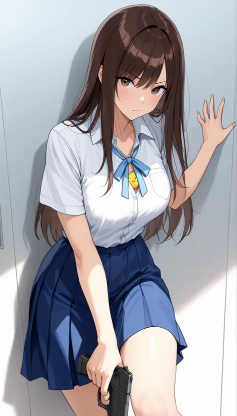 ((best quality)), ((masterpiece)), (detailed), perfect face, textured skin, ((super detail)), high quality, high details, Female gunman, samurai, holding a handgun, High school girl, summer uniform, short-sleeved shirt, light blue ribbon on chest, knee-len...