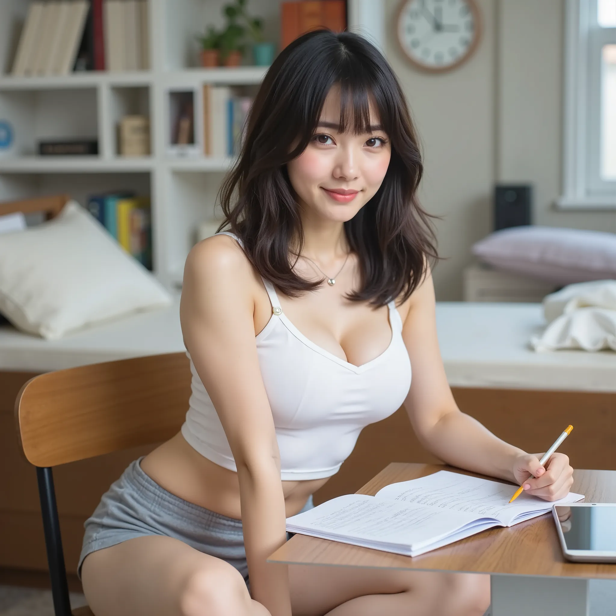 『1 Japanese girl:1.3』『real photo:1.3』Highest Quality:1.2、((big breasts))、with a slight cleavage、((Young woman))、『teeth lol:1.9』、(((anatomically correct、perfect anatomy、anatomically correct指)))、a slender body,realistic, Highest Quality, Ultra High Definitio...