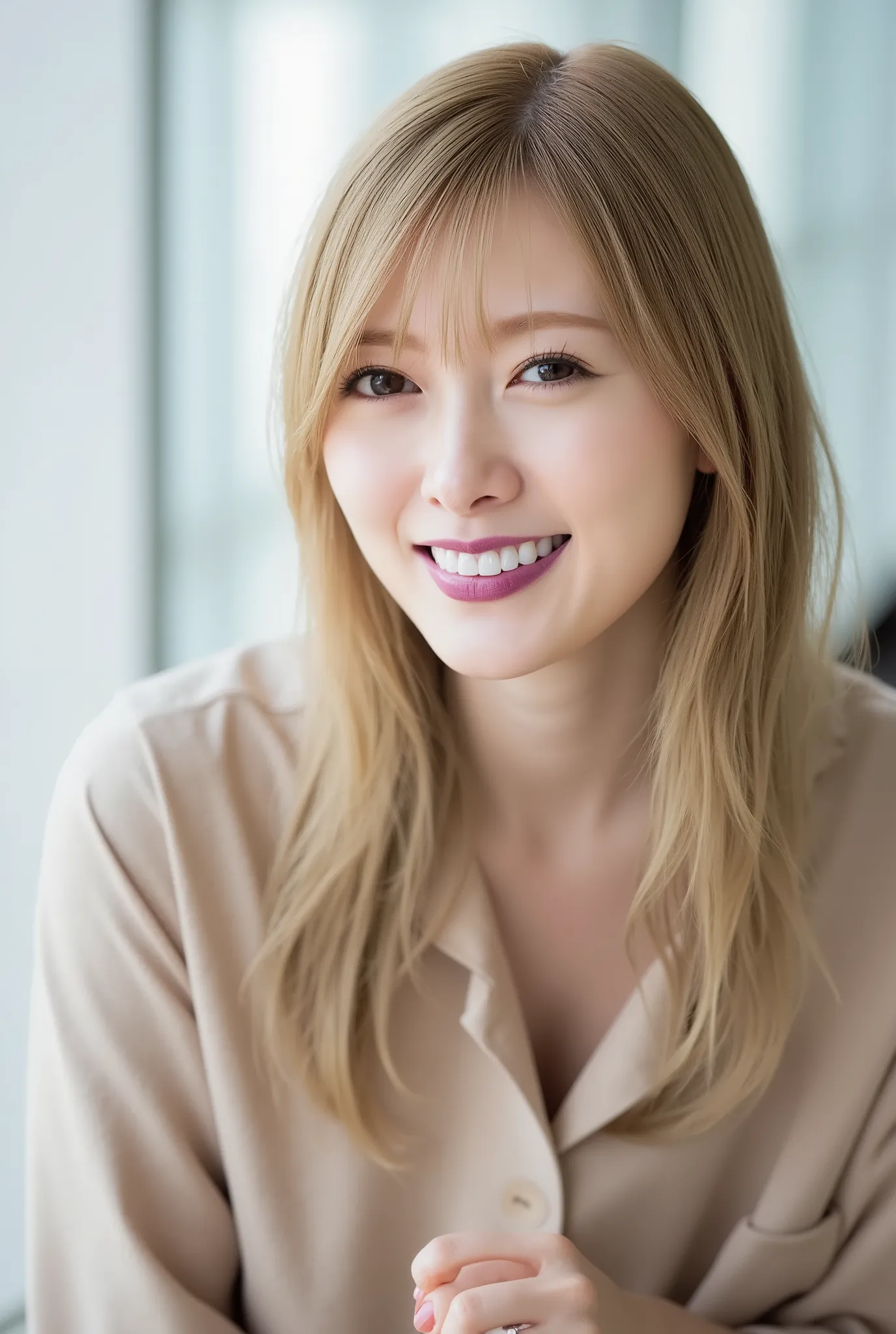 Shiraishi Mai, Bangs, smile, Young and  cute Japanese faces ,    Official Art for 4 People  ,  High Definition CG Unity 8K Wallpaper,  ultra high definition ,  Very detailed, Half photo ,  film grain in a room with white walls ,    Lens Flare Glow   ,  Hig...