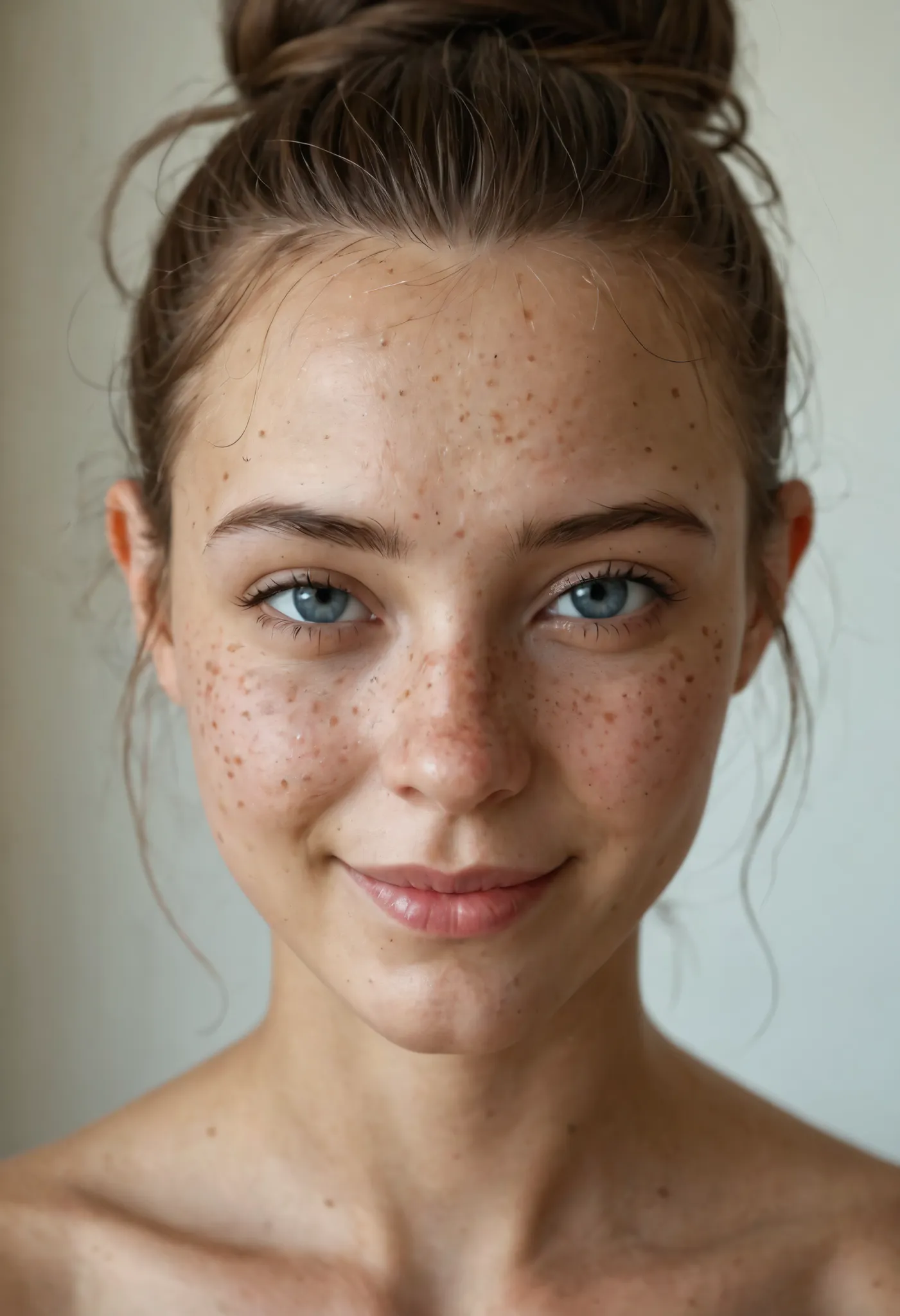 masterpiece, best quality, amazing quality, ultra realistic, soft lighting, freckles, messy bun, neutral makeup, beautiful face, detailed skin texture, slight smile, shallow depth of field, natural background