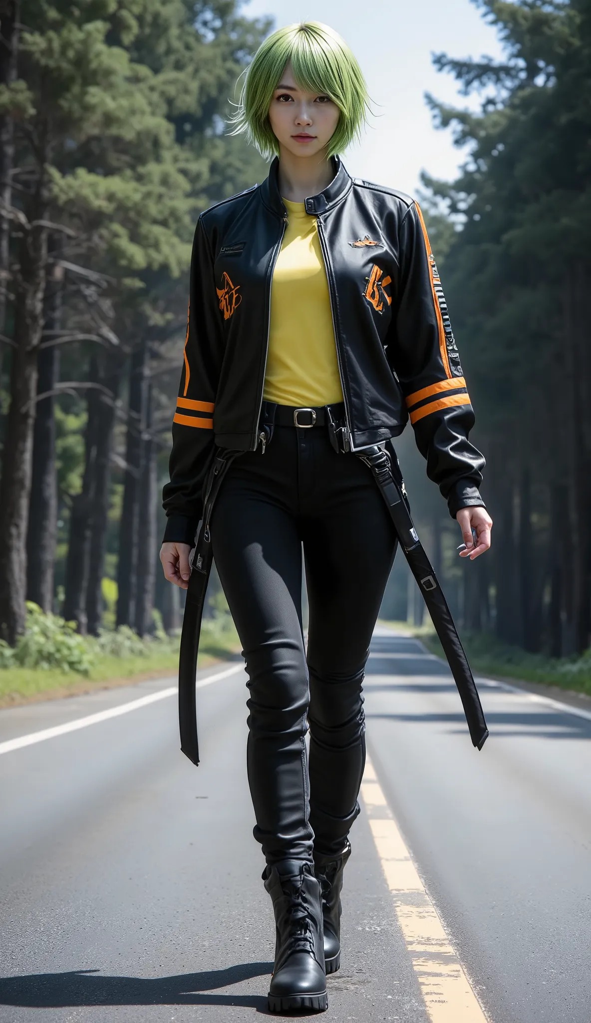 Masterpiece, 8K, Best Quality, Intricate Details, Ultra Details, Ultra High Resolution, ((Make-up: 0.4)), ((Feathery Black Eyes: 1.21)), ((Full Body)), full-body portrait, ((Long Shot)), ((Muscles: 1.1)), ((Daytime: 1.3)), ((Woman: 1.2)), Standing, HDR, Ul...