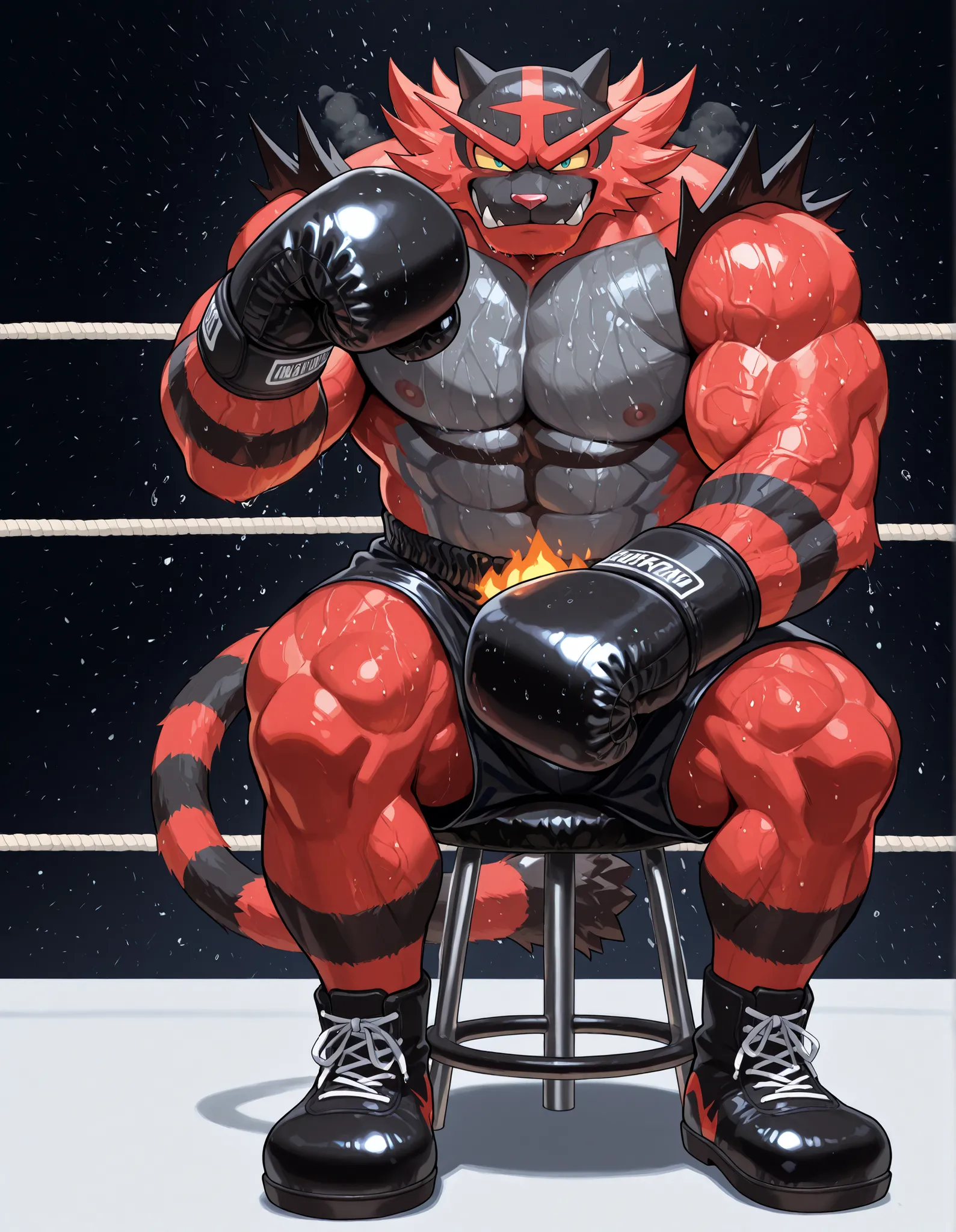 Incineroar, anthro male, high quality, full body, looking at viewer, solo, boxing ring background, black boxing gloves, thick very veiny arms, very muscular, black boxing shorts, black boxing shoes, heavyweight boxing champion, glistening fur, sweaty, brut...