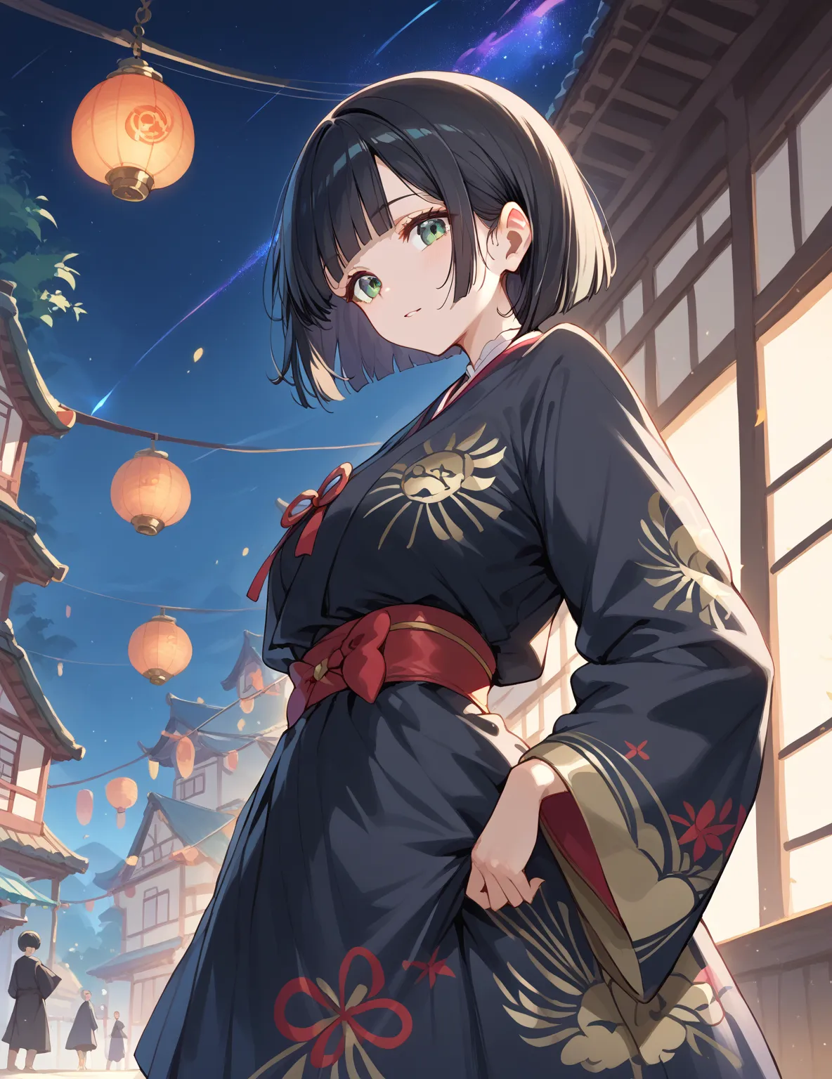 masterpiece, best quality, ultra detailed. 1girl,  bob cut, black hair, blunt bangs, blunt ends, black kimono, amaryllis print, night sky