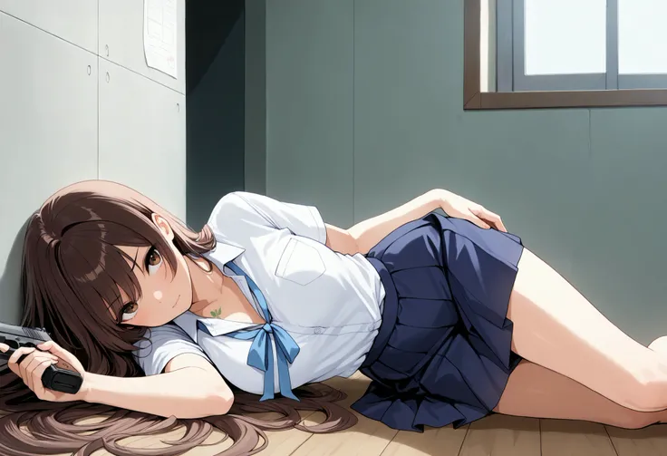 ((best quality)), ((masterpiece)), (detailed), perfect face, textured skin, ((super detail)), high quality, high details, Female gunman, samurai, holding a handgun, High school girl, summer uniform, short-sleeved shirt, light blue ribbon on chest, knee-len...