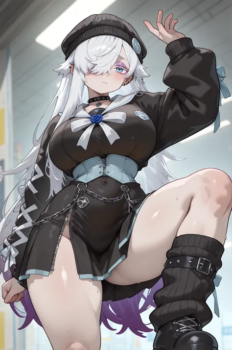 (masterpiece, best quality), amazing quality, absurdres, 8k, HDR, (very aesthetic), perfect anatomy, perfect hands, perfect eyes, neo_gothic_ta, gloss skin, 1girl, Gojo Monika, fair skin, very long hair, white hair, gradient hair, black hair, (purple streaks:1.2), hair over right eye, neo_ta_makeup, blue eyes, colored eyelashes, eyeliner, eyeshadow, large breasts, petite, curvy, very cute, shy, BREAK, jewelry, ear piercings, earrings, studded choker, blue pendant, rose flower pendant, knitted hat with large clip, long-sleeved jacket, sailor styled jacket, multiple zipper, black jacket, long jacket, pastel blue corset, black buttons and ribbons on corset, short skirt, black dress, intricate thin and dark details, black leg warmers, light blue ribbons on leg warmers, short studded boots, chains belt, BREAK (Ikebukuro Station background, Toshima-ku, Tokyo:1.3), resplendent city lights, pose, (side angle), rim light, dynamic composition, cinematic, cinematic composition, cinematic lighting, (cinematic shadows)