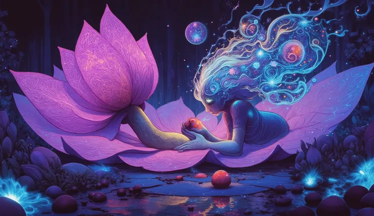 Imagine a whimsical fairy painting a graffiti mural on a giant lotus flower in a bioluminescent forest, her canvas illuminated by the soft glow of fireflies and strange, alien plants. She uses spray paint and melting oil gouache to create dynamic fluid sha...