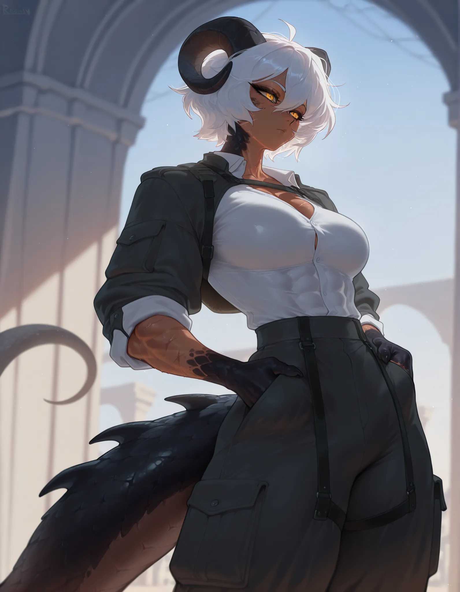 masterpiece, best quality, amazing quality, very aesthetic, fantasy setting, dnd character, human, absurdres, newest, scenery, extreme detail, 8k, detailed eyes, yellow eyes, by Riolutiny, female, scalie arms and neck, solo, tall, horns, extremely detailed...