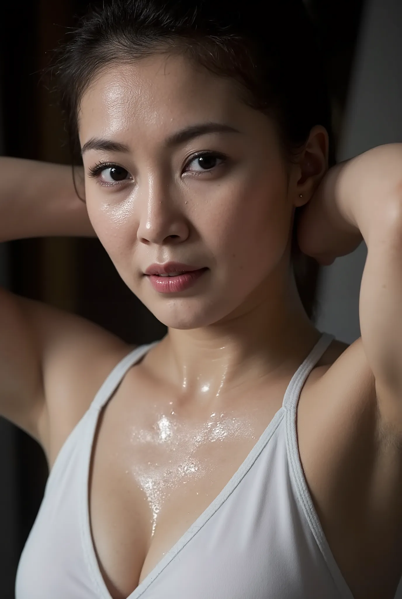 20 year old baby face, dark basement,((naked)),Sweaty and radiant skin,upper body, ((arms behind head)),Real Model , Real people々, ((white kinky swimsuit)),Actual scene, real skin texture, ultra-realistic,photorealistic images, (dynamic lighting), volume i...