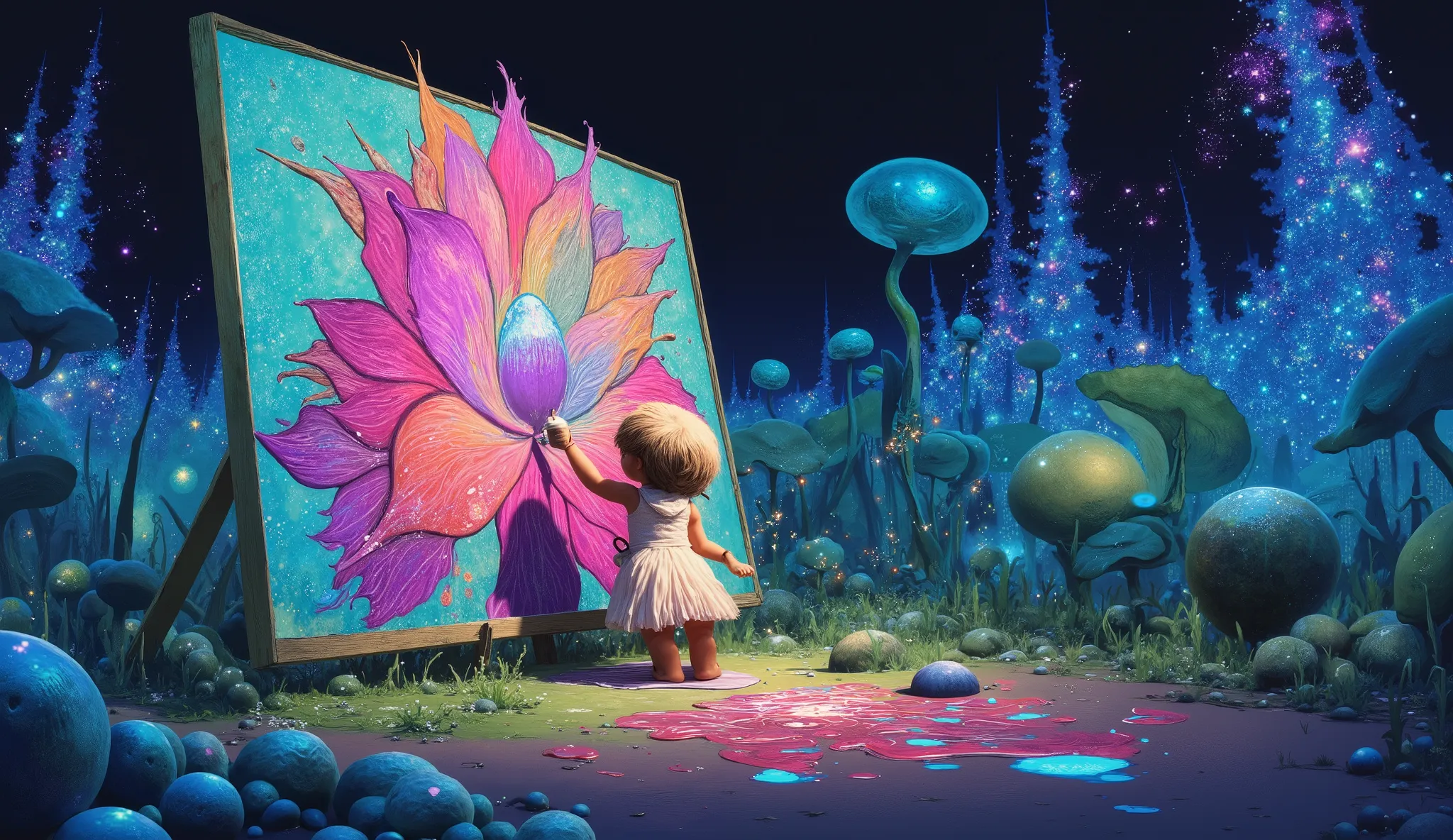Imagine a whimsical fairy painting a graffiti mural on a giant lotus flower in a bioluminescent forest, her canvas illuminated by the soft glow of fireflies and strange, alien plants. She uses spray paint and melting oil gouache to create dynamic fluid sha...