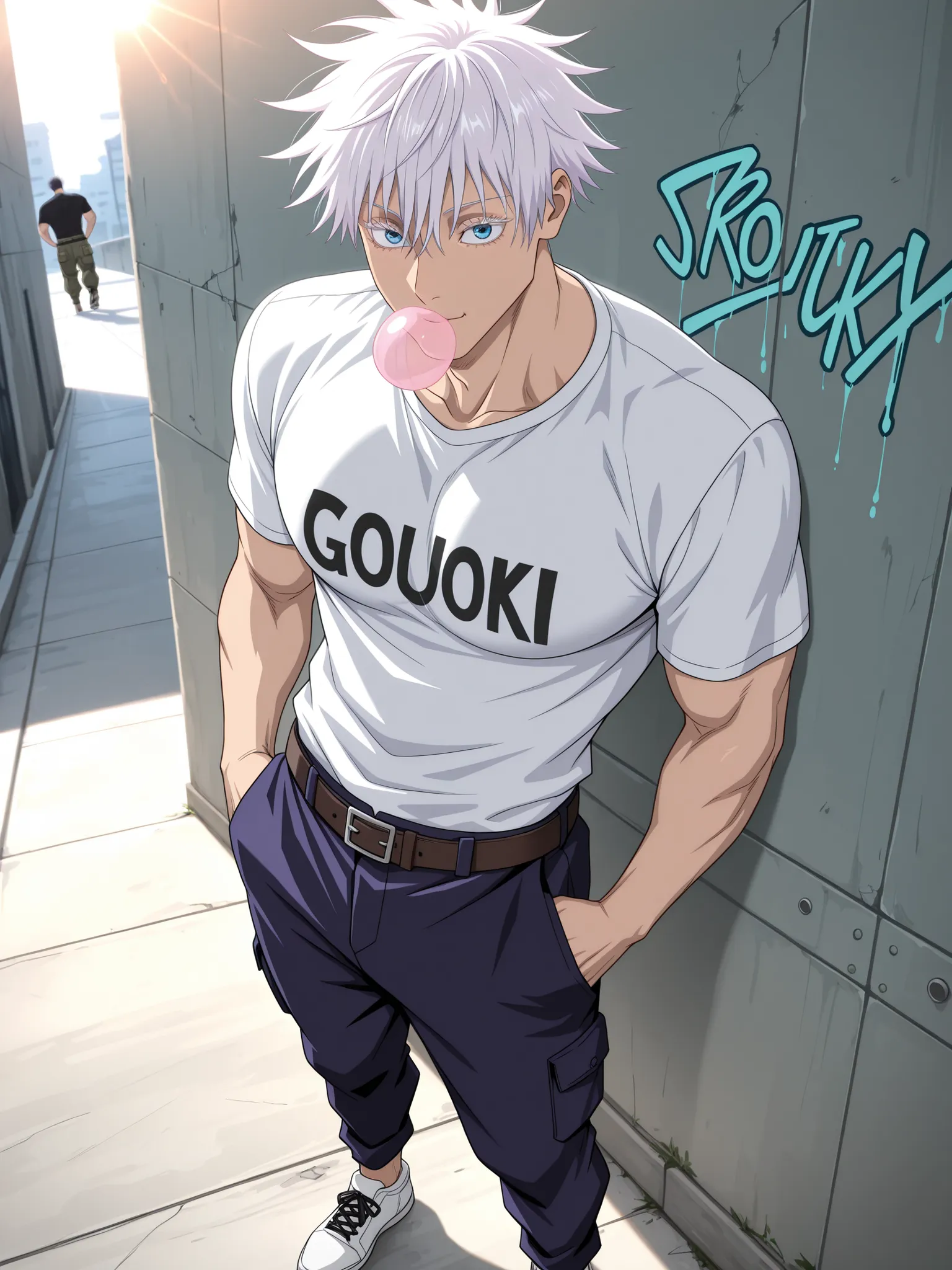 (masterpiece, best quality), amazing quality, very aesthetic, absurdres, highres, newest, HDR, 8K, anime style, cinematic, professional lighting, backlighting, dynamic angle, 1man, adult, male focus, gojou satoru, jujutsu kaisen, white hair, short hair, ((...
