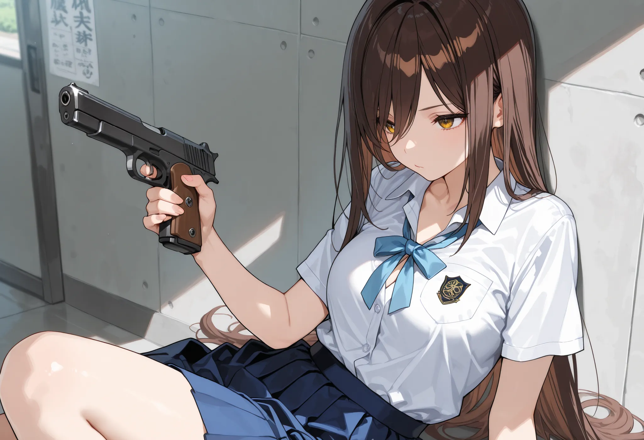 ((best quality)), ((masterpiece)), (detailed), perfect face, textured skin, ((super detail)), high quality, high details, Female gunman, samurai, holding a handgun, High school girl, summer uniform, short-sleeved shirt, light blue ribbon on chest, knee-len...
