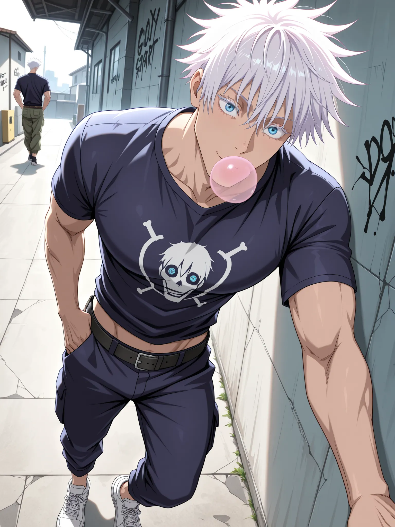 (masterpiece, best quality), amazing quality, very aesthetic, absurdres, highres, newest, HDR, 8K, anime style, cinematic, professional lighting, backlighting, dynamic angle, 1man, adult, male focus, gojou satoru, jujutsu kaisen, white hair, short hair, ((...
